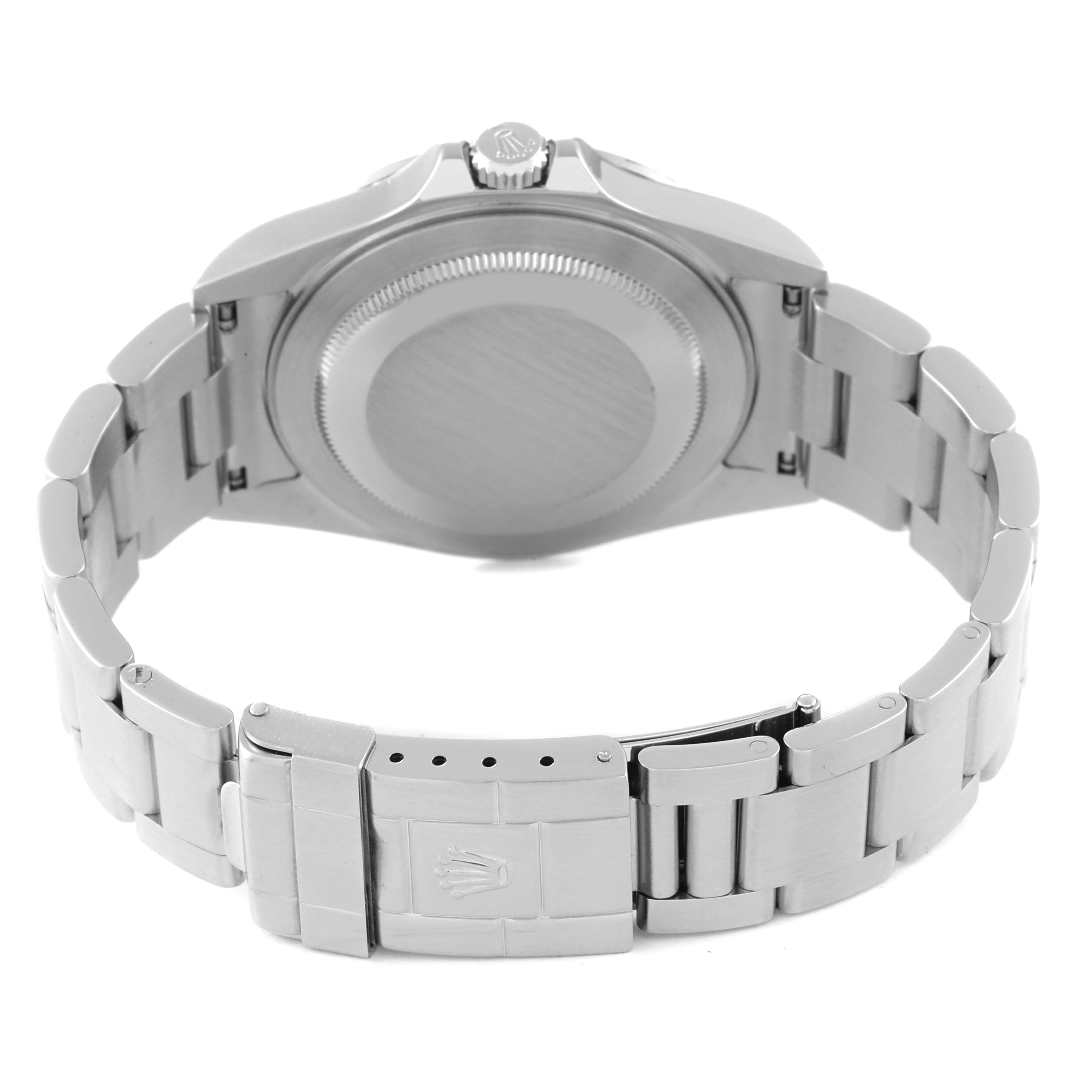 This image shows the back view of a Rolex Explorer 16570 Men's Stainless Steel Black Dial 16570 Men's Stainless Steel Black Dial watch, highlighting the clasp, bracelet, and case back.