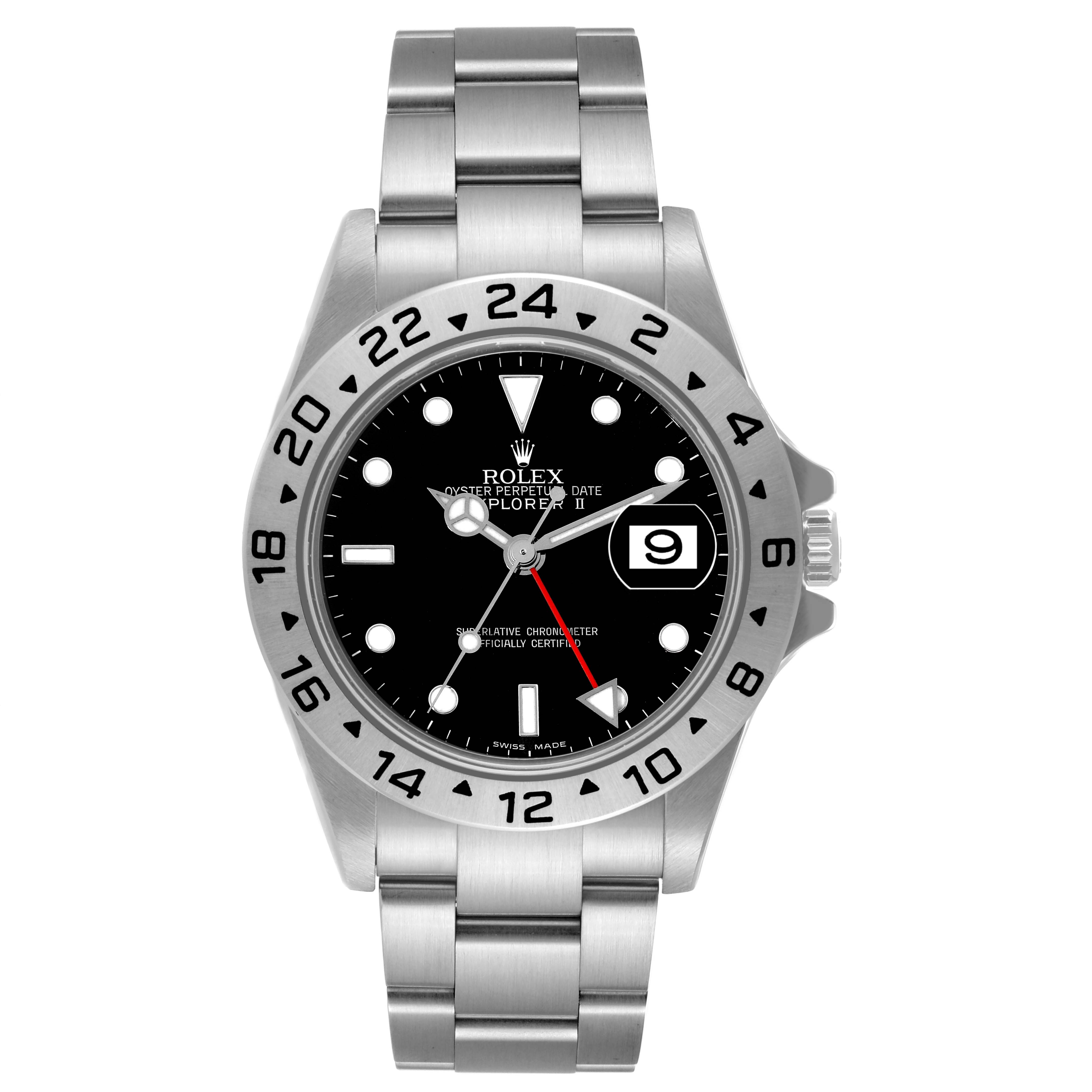 The image shows a front view of a Rolex Explorer 16570 Men's Stainless Steel Black Dial 16570 Men's Stainless Steel Black Dial watch, highlighting its dial, bezel, and bracelet.