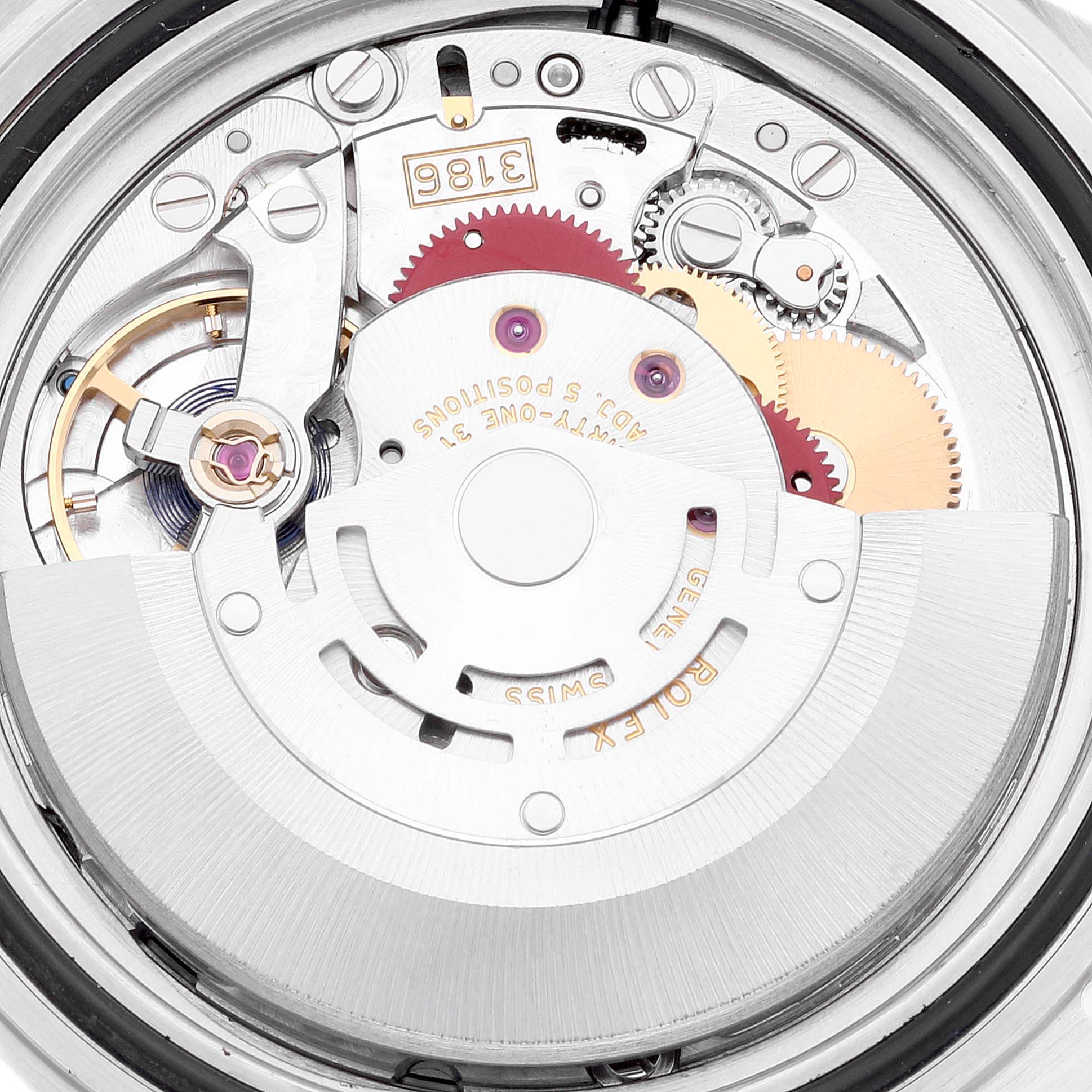 The image shows the intricate internal mechanism of a Rolex Explorer 16570 Men's Stainless Steel Black Dial 16570 Men's Stainless Steel Black Dial model watch from a close-up angle.