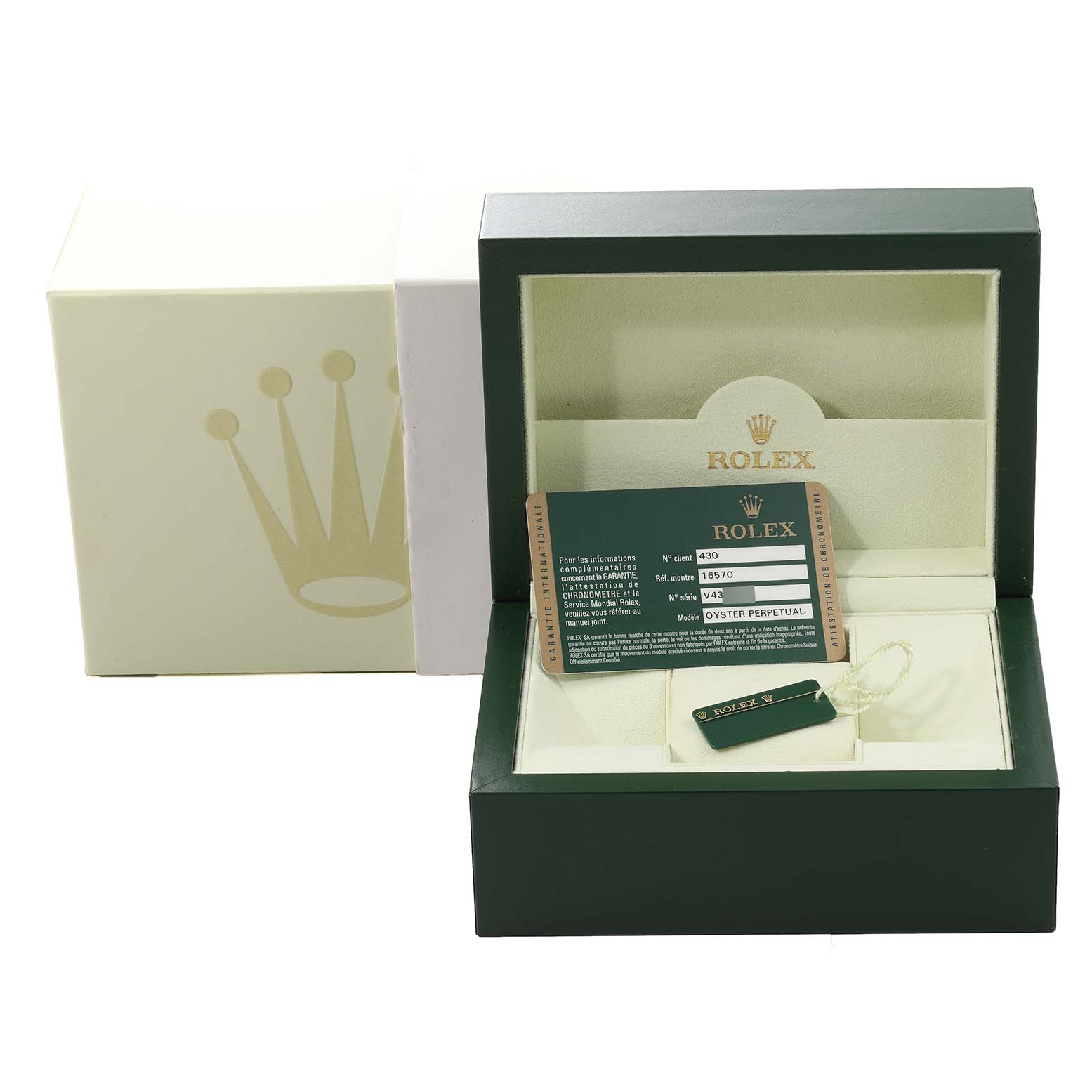 The image displays the box, warranty card, and tag of a Rolex Explorer 16570 Men's Stainless Steel Black Dial 16570 Men's Stainless Steel Black Dial watch.