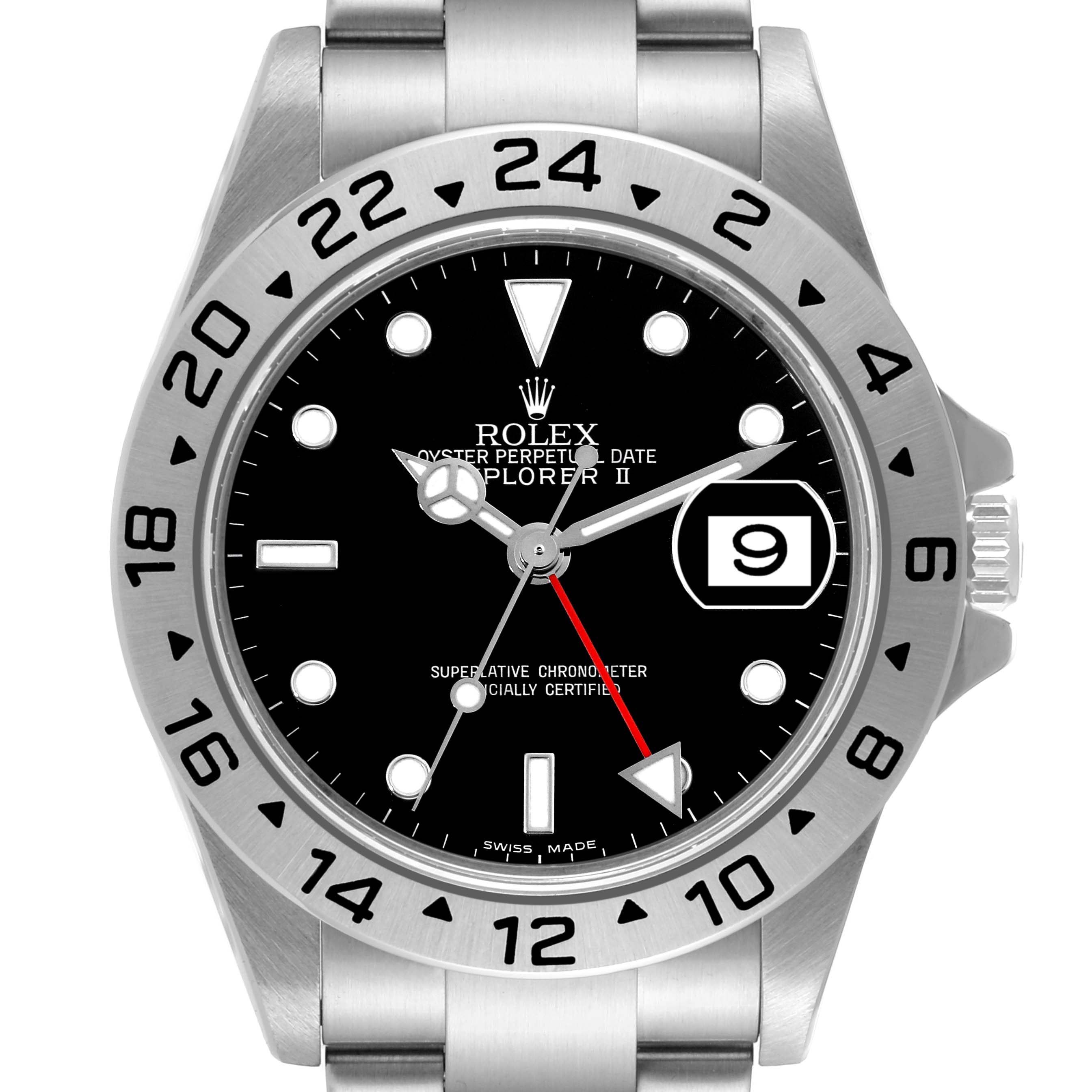 This image shows a front view of the Rolex Explorer 16570 Men's Stainless Steel Black Dial 16570 Men's Stainless Steel Black Dial watch, highlighting the bezel, dial, hands, and date window.