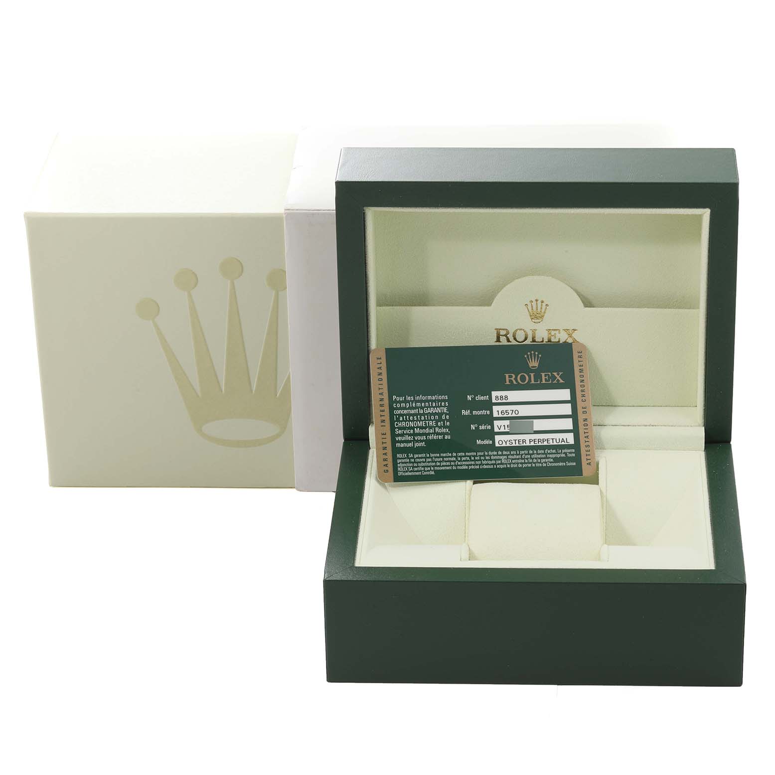 The image shows a Rolex Explorer 16570 Men's Stainless Steel Black Dial 16570 Men's Stainless Steel Black Dial model watch box and an authenticity card from a straight-on angle.