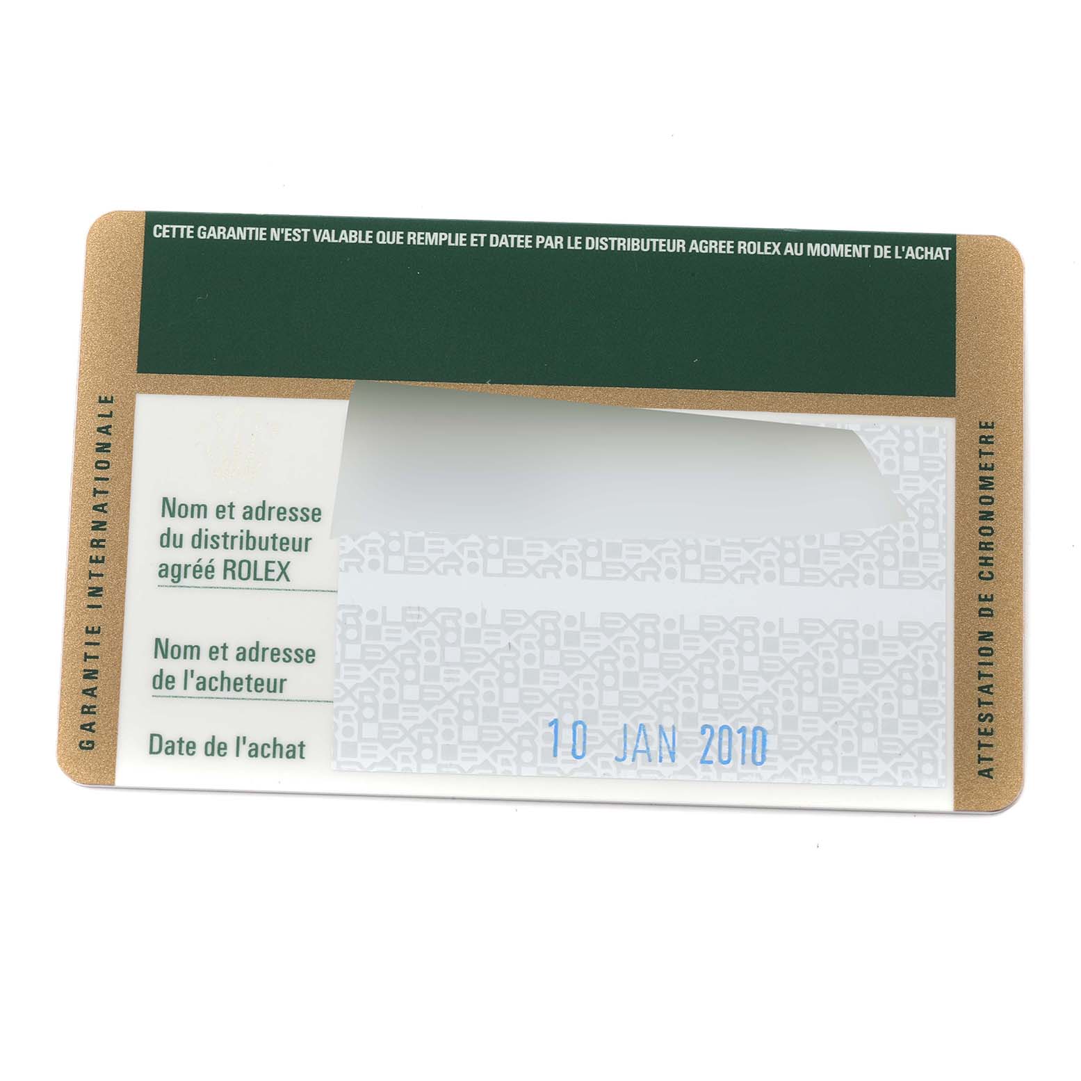 This image shows the warranty card for the Rolex Explorer 16570 Men's Stainless Steel Black Dial 16570 Men's Stainless Steel Black Dial model, detailing purchase and distributor information.