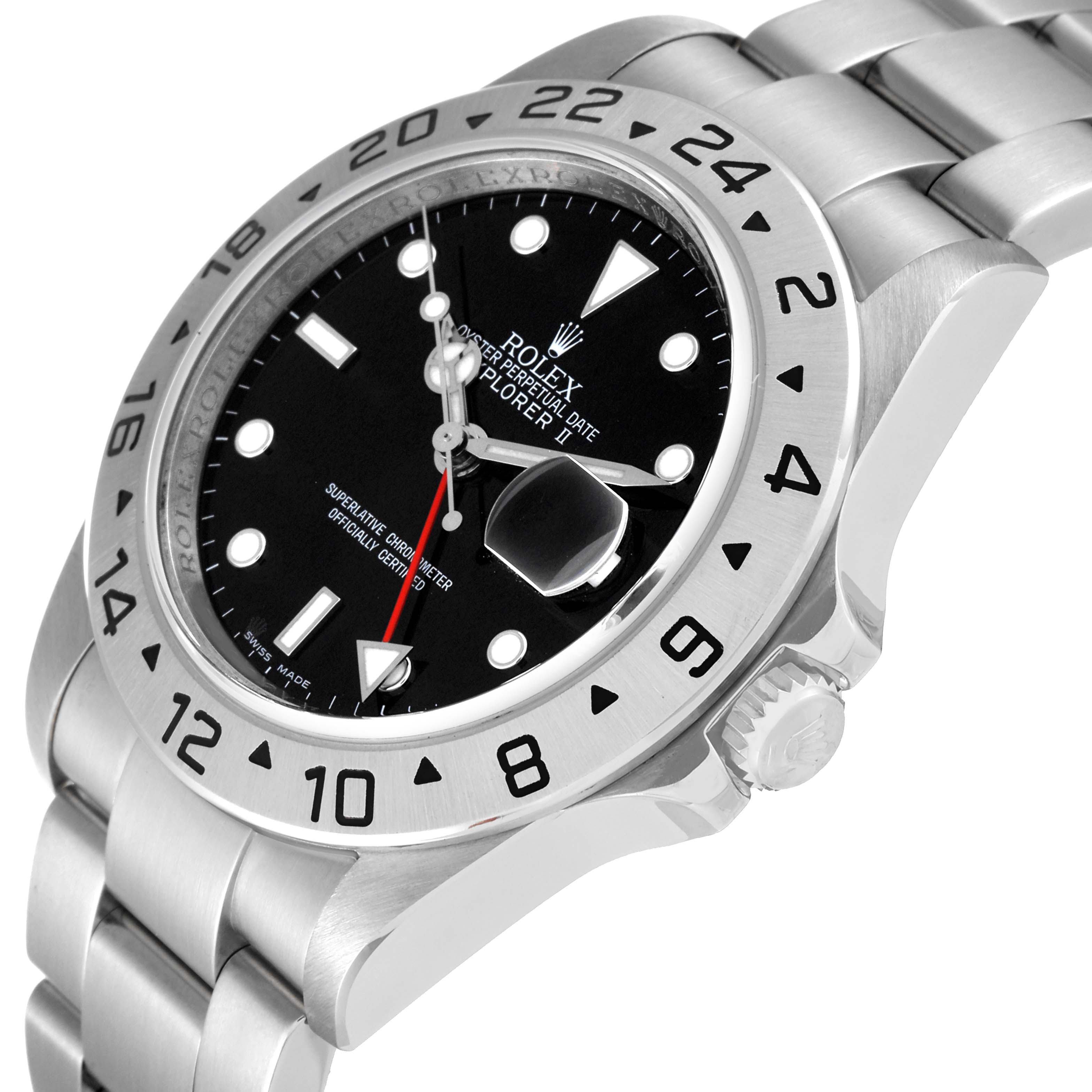 The Rolex Explorer 16570 Men's Stainless Steel Black Dial 16570 Men's Stainless Steel Black Dial watch is shown from an angled top-side view, highlighting its dial, bezel, and a portion of the bracelet.