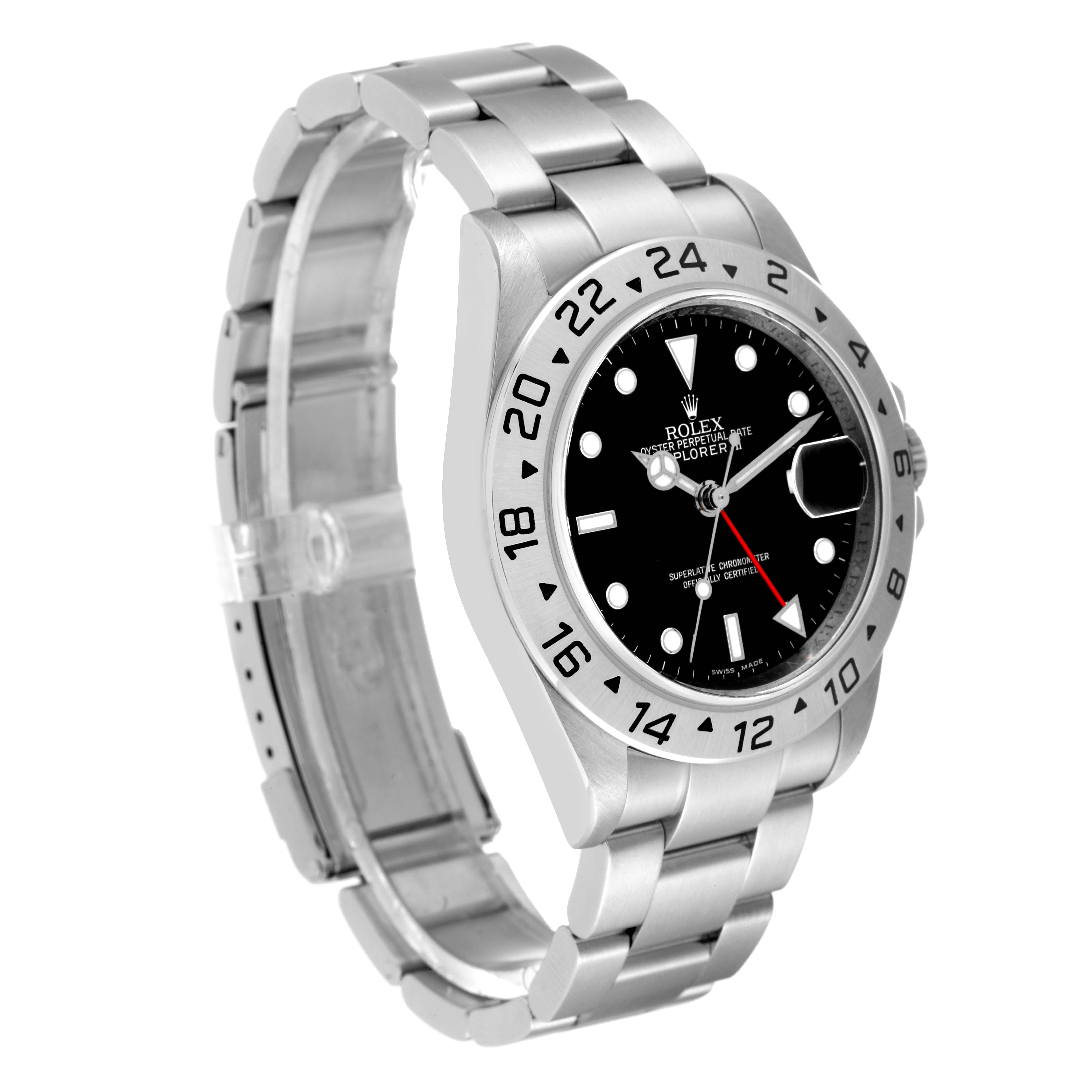 The image shows a side angle view of a Rolex Explorer 16570 Men's Stainless Steel Black Dial 16570 Men's Stainless Steel Black Dial watch, displaying its dial, bezel, and bracelet.
