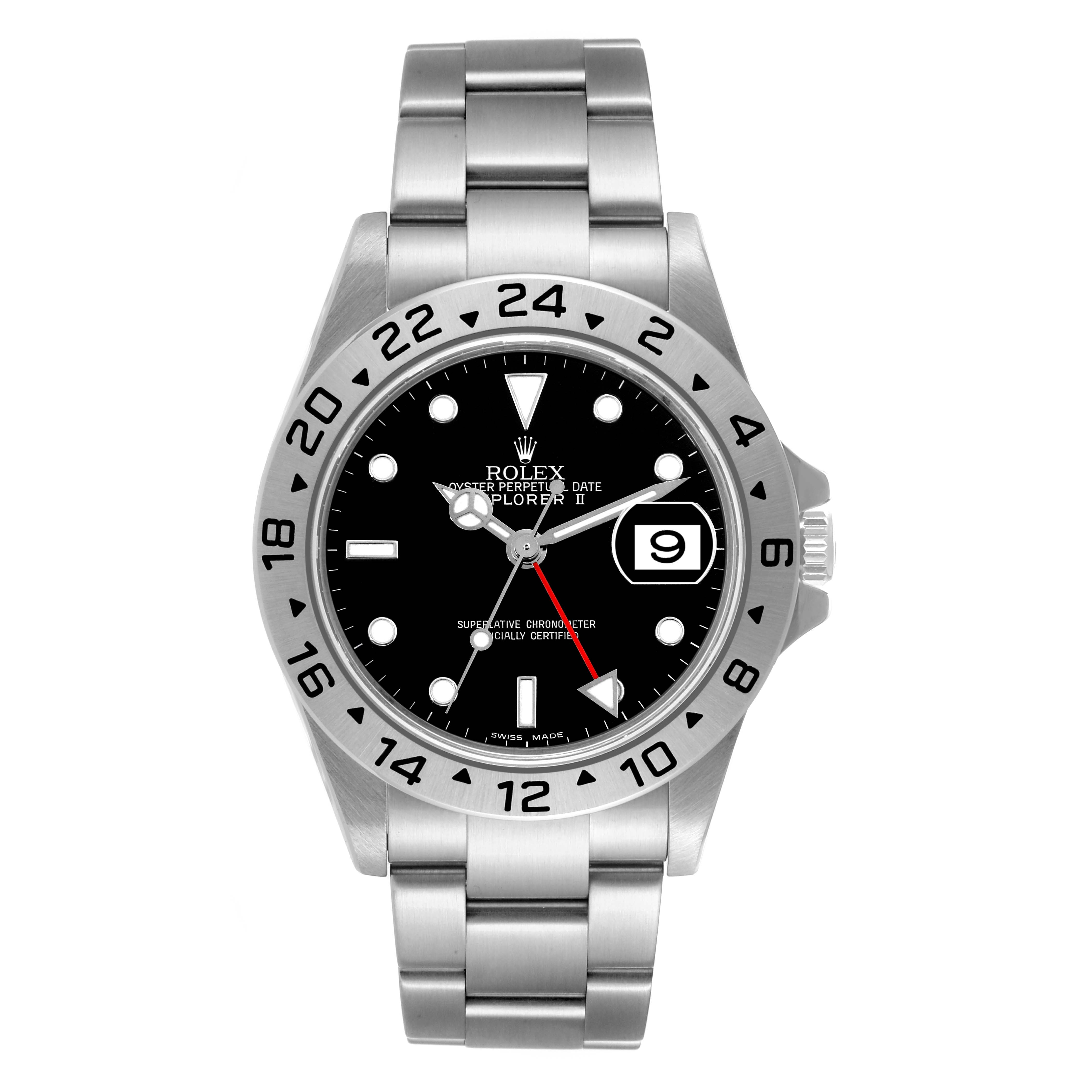 The image shows a front view of a Rolex Explorer 16570 Men's Stainless Steel Black Dial 16570 Men's Stainless Steel Black Dial watch, displaying its dial, bezel, and bracelet.