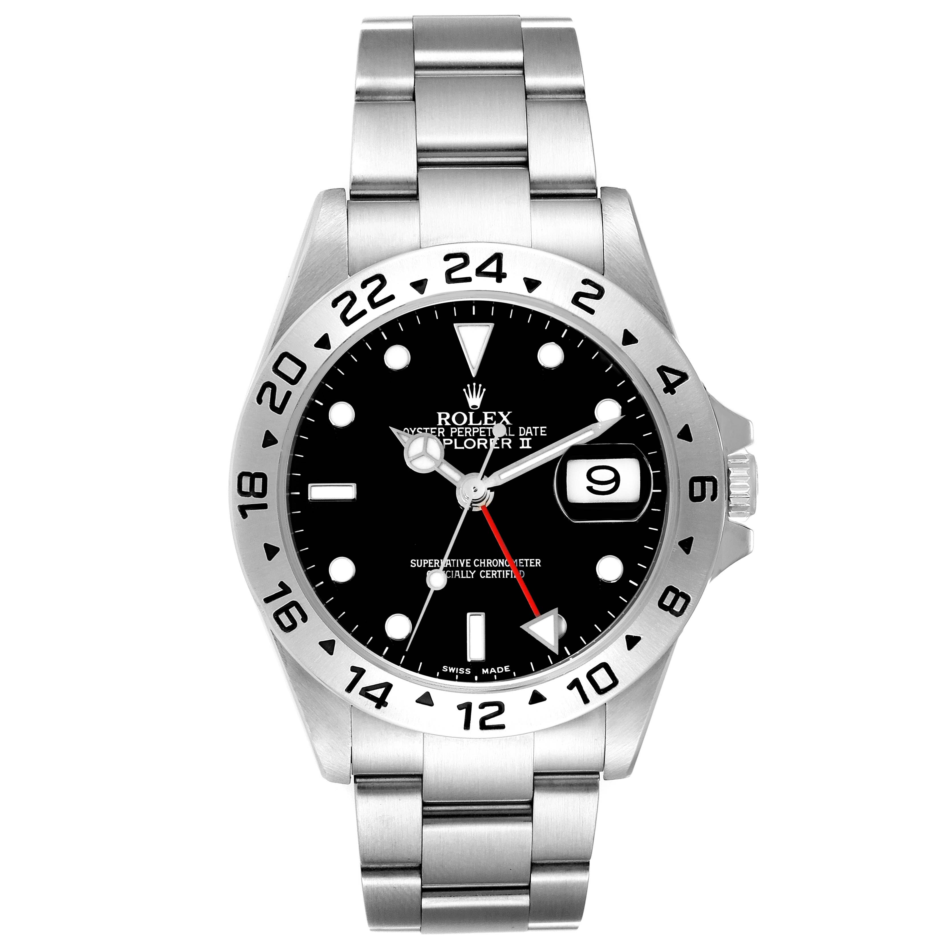 The Rolex Explorer 16570 Men
s Stainless Steel Black Dial 16570 Men
s Stainless Steel Black Dial watch is shown from a front angle, displaying the bracelet, bezel, dial, hands, and date window.
