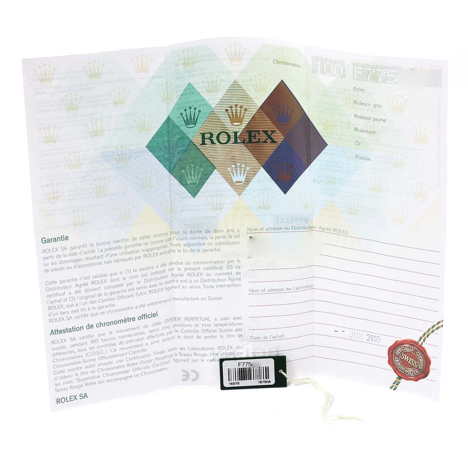 The image shows a warranty and certification paper for the Rolex Explorer 16570 Men
s Stainless Steel Black Dial 16570 Men
s Stainless Steel Black Dial model.