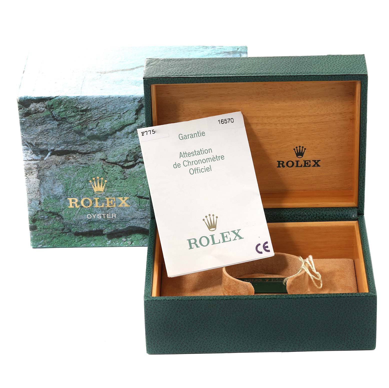The image shows the packaging and accessories for a Rolex Explorer 16570 Men
s Stainless Steel Black Dial 16570 Men
s Stainless Steel Black Dial watch, including the box and warranty card.