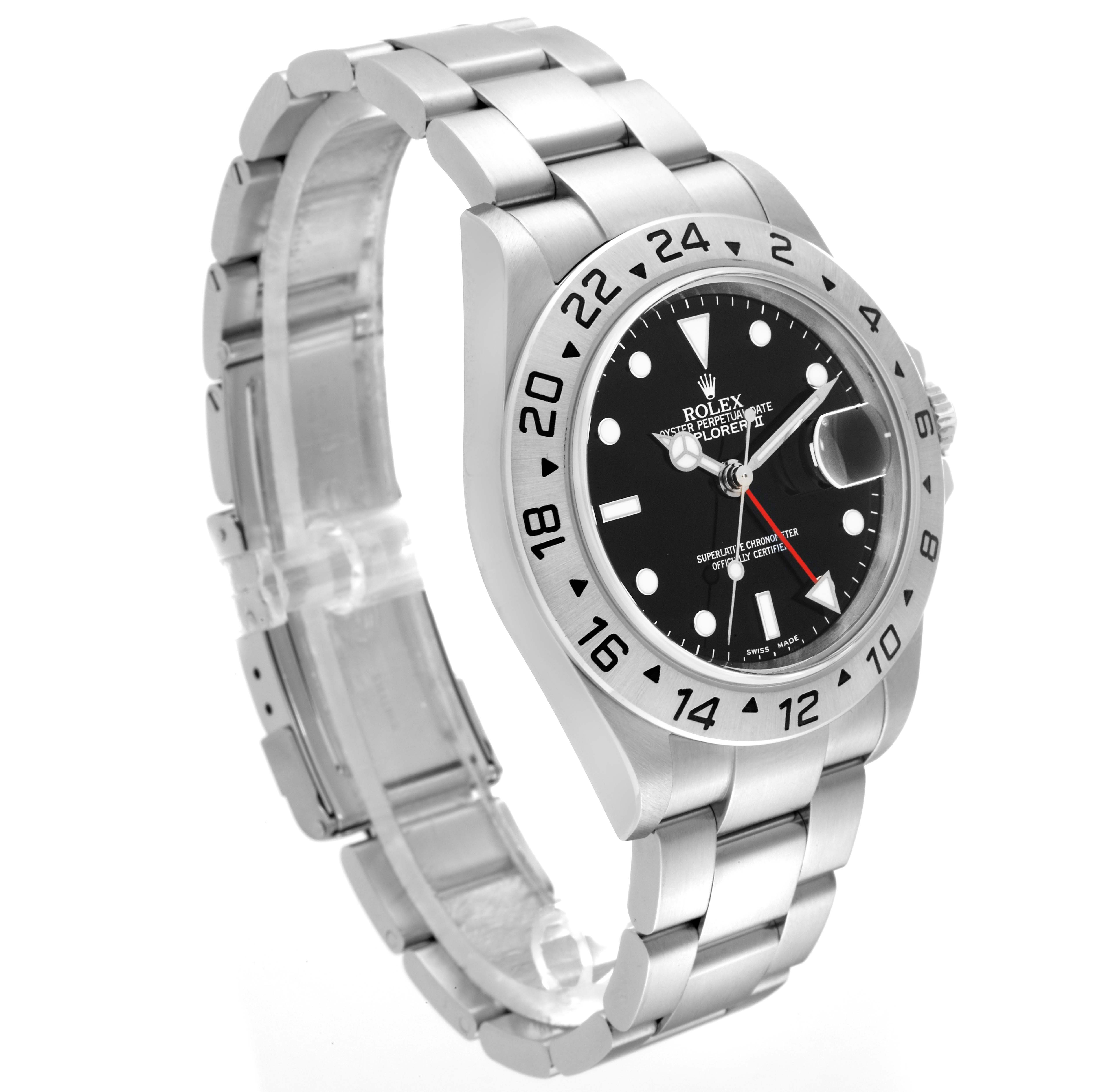 This image shows a Rolex Explorer 16570 Men
s Stainless Steel Black Dial 16570 Men
s Stainless Steel Black Dial watch at an angled side view, displaying its bezel, dial, and linked bracelet band.