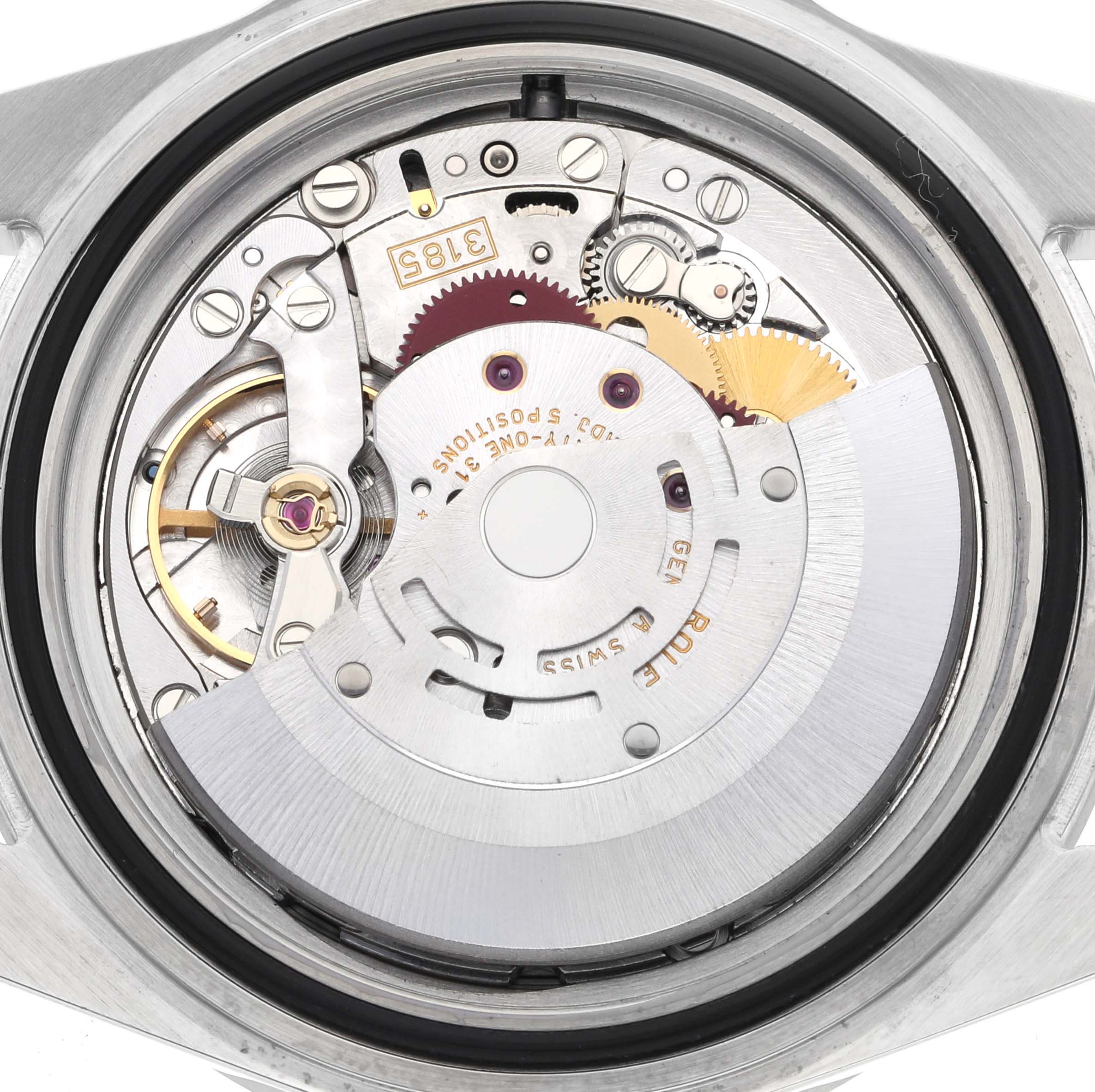 The image shows the internal movement mechanism of a Rolex Explorer 16570 Men
s Stainless Steel Black Dial 16570 Men
s Stainless Steel Black Dial watch viewed from the back.