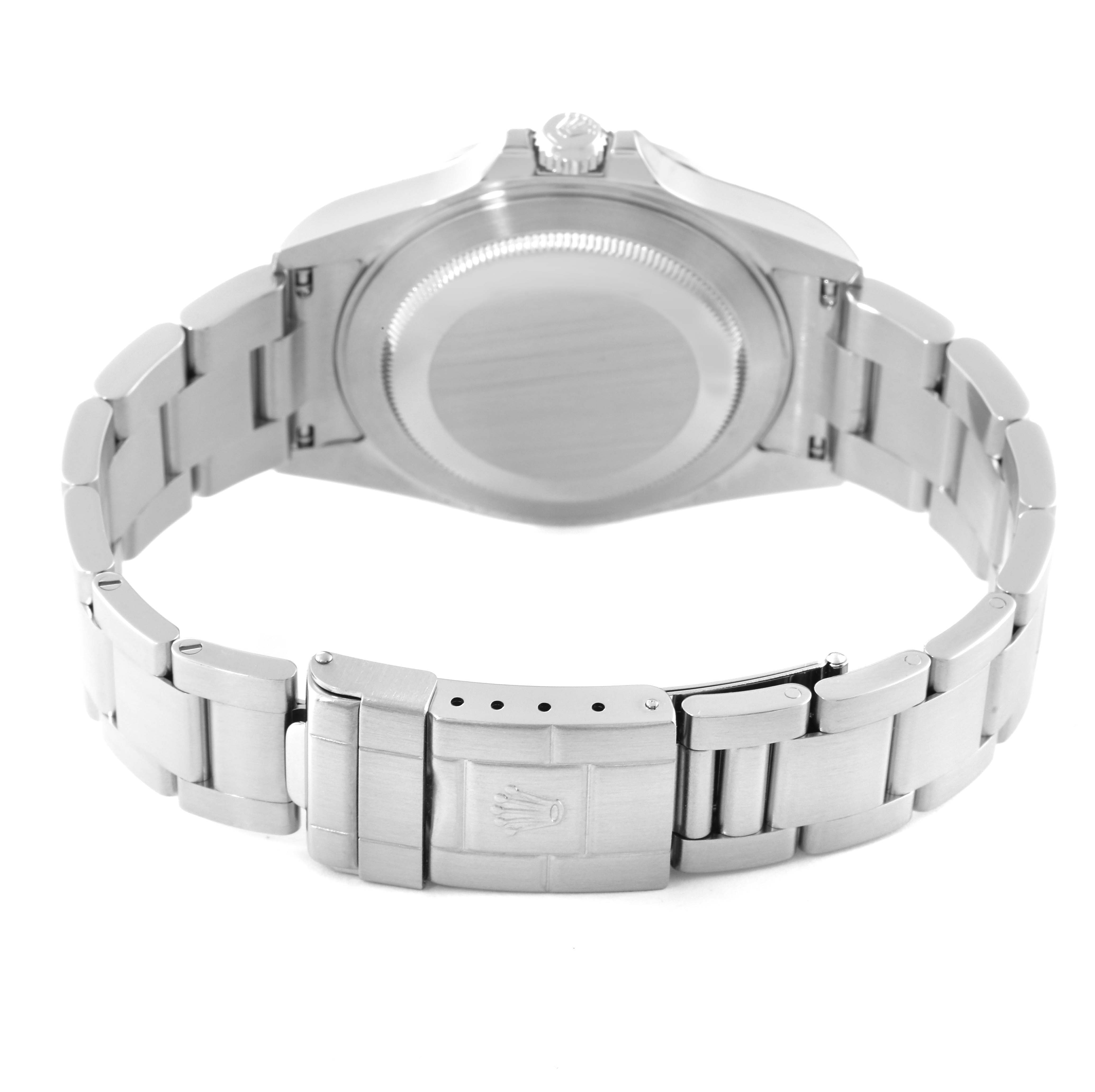 This image shows a rear angle of the Rolex Explorer 16570 Men
s Stainless Steel Black Dial 16570 Men
s Stainless Steel Black Dial watch, highlighting its case back and metal bracelet with clasp.