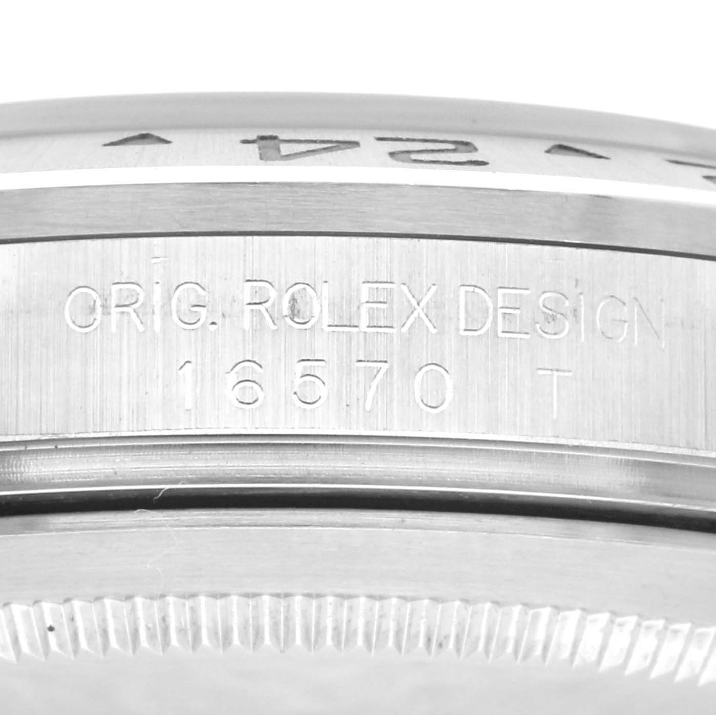 The image shows a close-up view of the engraved side of the Rolex Explorer 16570 Men
s Stainless Steel Black Dial 16570 Men
s Stainless Steel Black Dial watch model 16570.