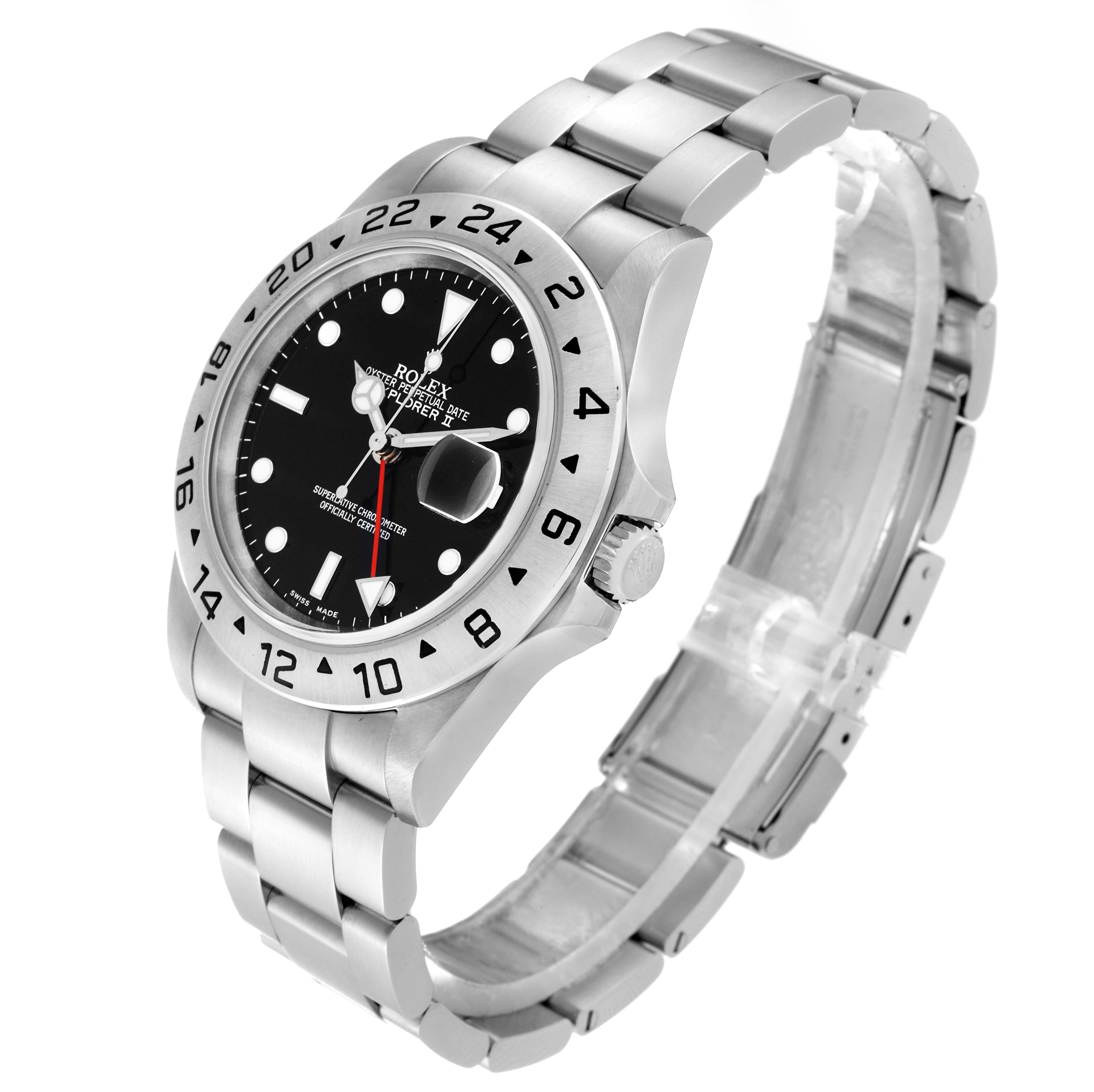 The Rolex Explorer 16570 Men
s Stainless Steel Black Dial 16570 Men
s Stainless Steel Black Dial watch is shown at an angled side view featuring the bezel, dial, crown, and bracelet.