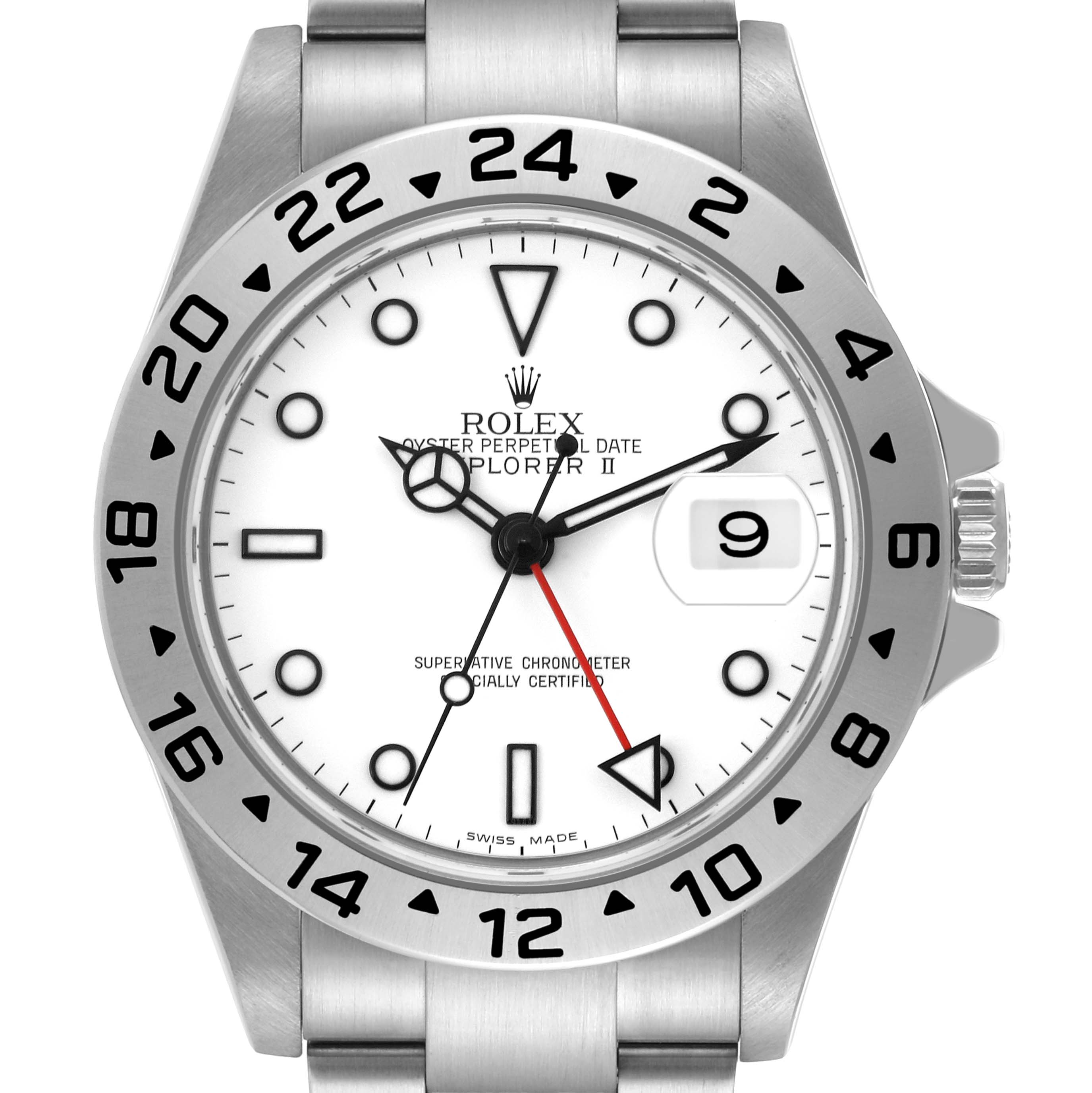 The image shows a frontal view of the Rolex Explorer 16570 Men
s Stainless Steel White Dial 16570 Men
s Stainless Steel White Dial II, highlighting its face, bezel, and part of the bracelet.