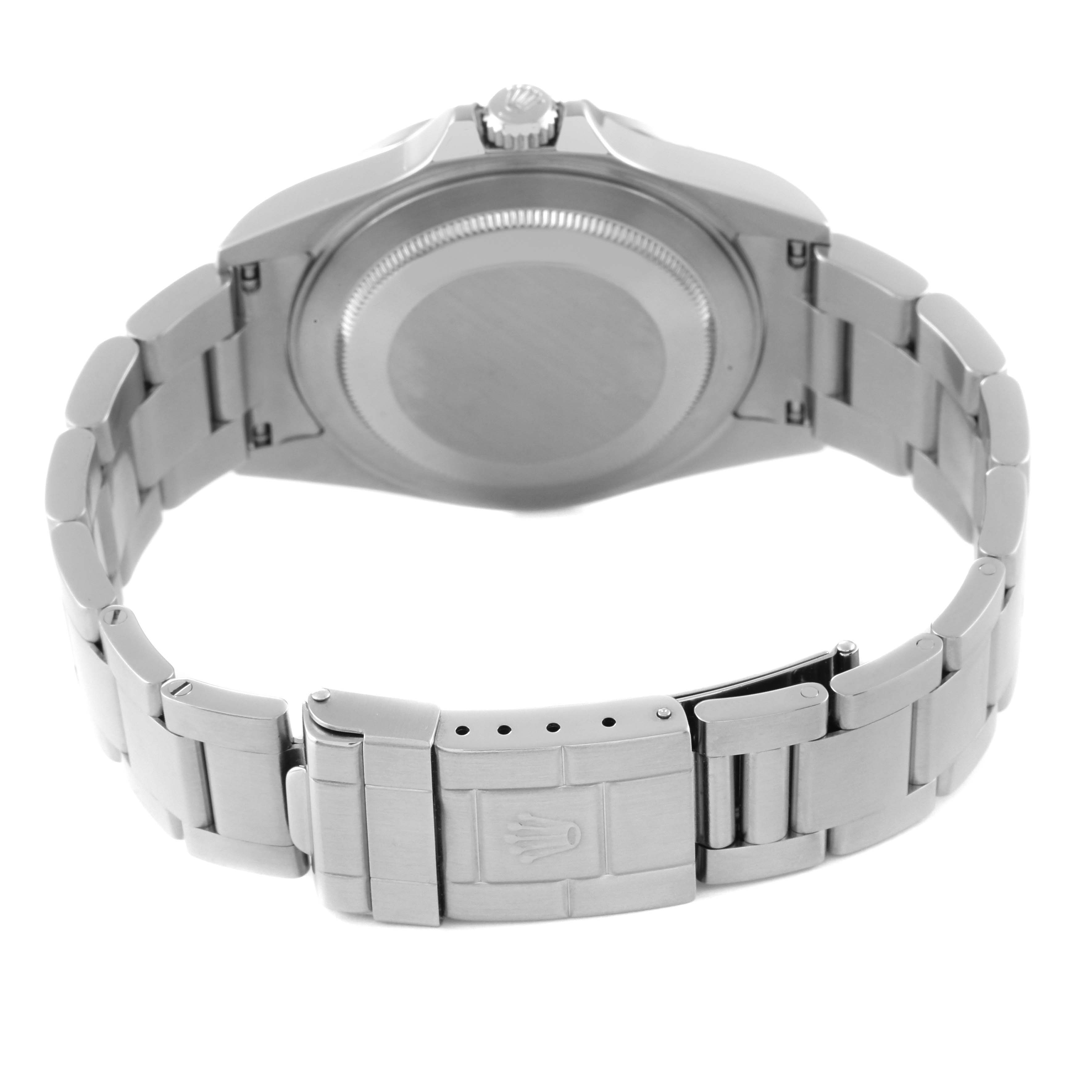 This image shows the back view of a Rolex Explorer 16570 Men
s Stainless Steel White Dial 16570 Men
s Stainless Steel White Dial watch, highlighting the case back, bracelet, and clasp.