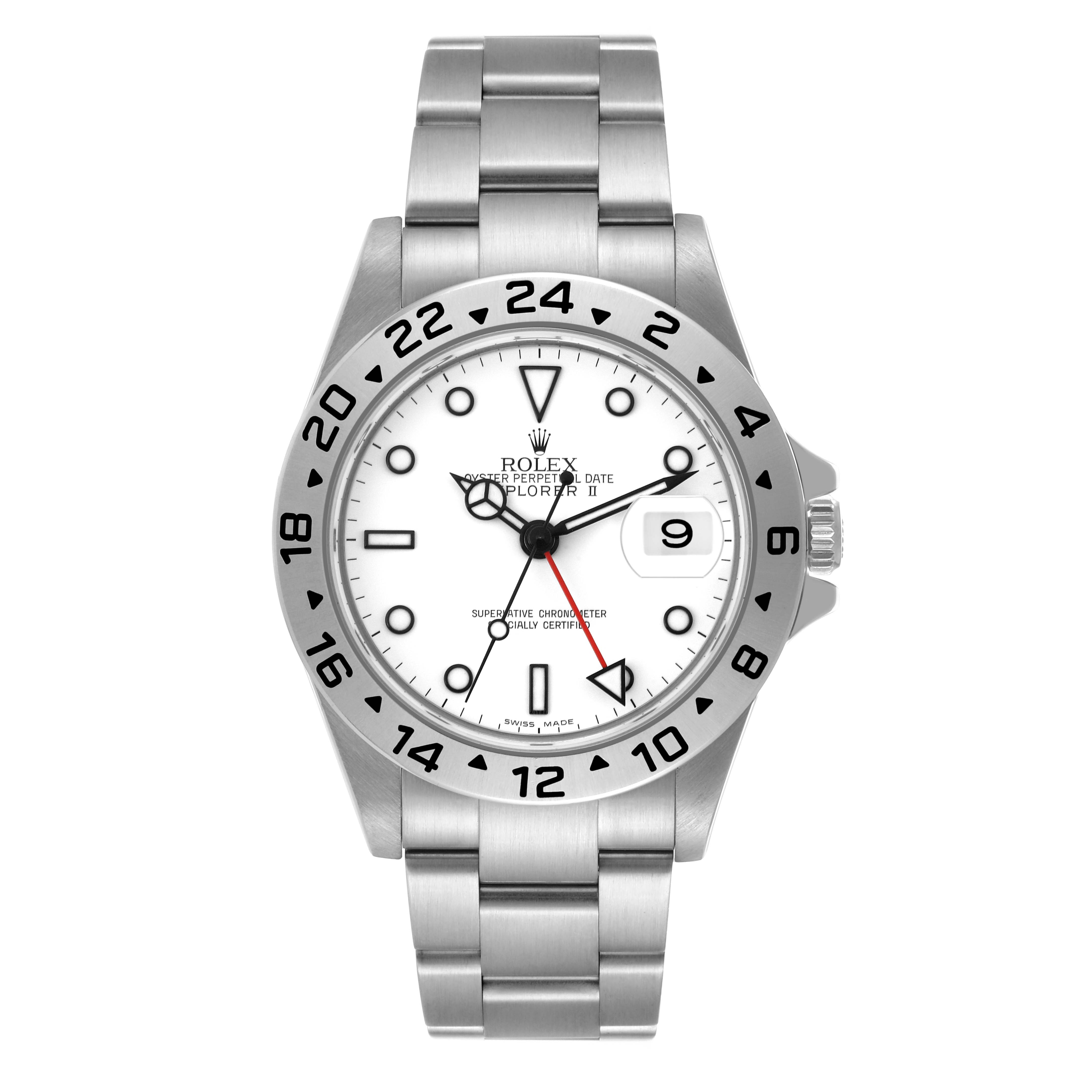 This image shows a front view of a Rolex Explorer 16570 Men
s Stainless Steel White Dial 16570 Men
s Stainless Steel White Dial watch, highlighting the dial, bezel, and bracelet.