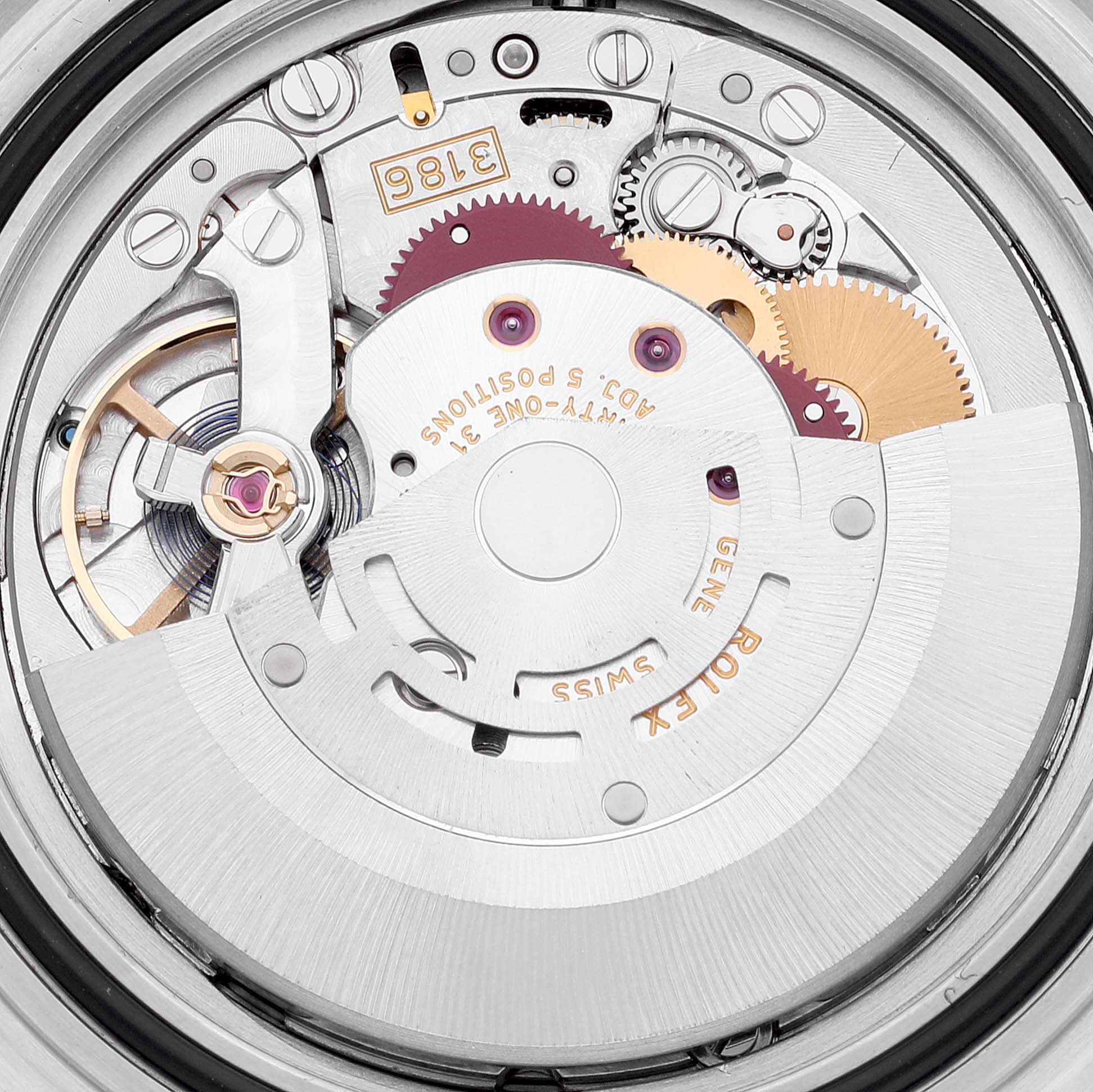 This close-up image showcases the internal movement mechanism of a Rolex Explorer 16570 Men
s Stainless Steel White Dial 16570 Men
s Stainless Steel White Dial watch.