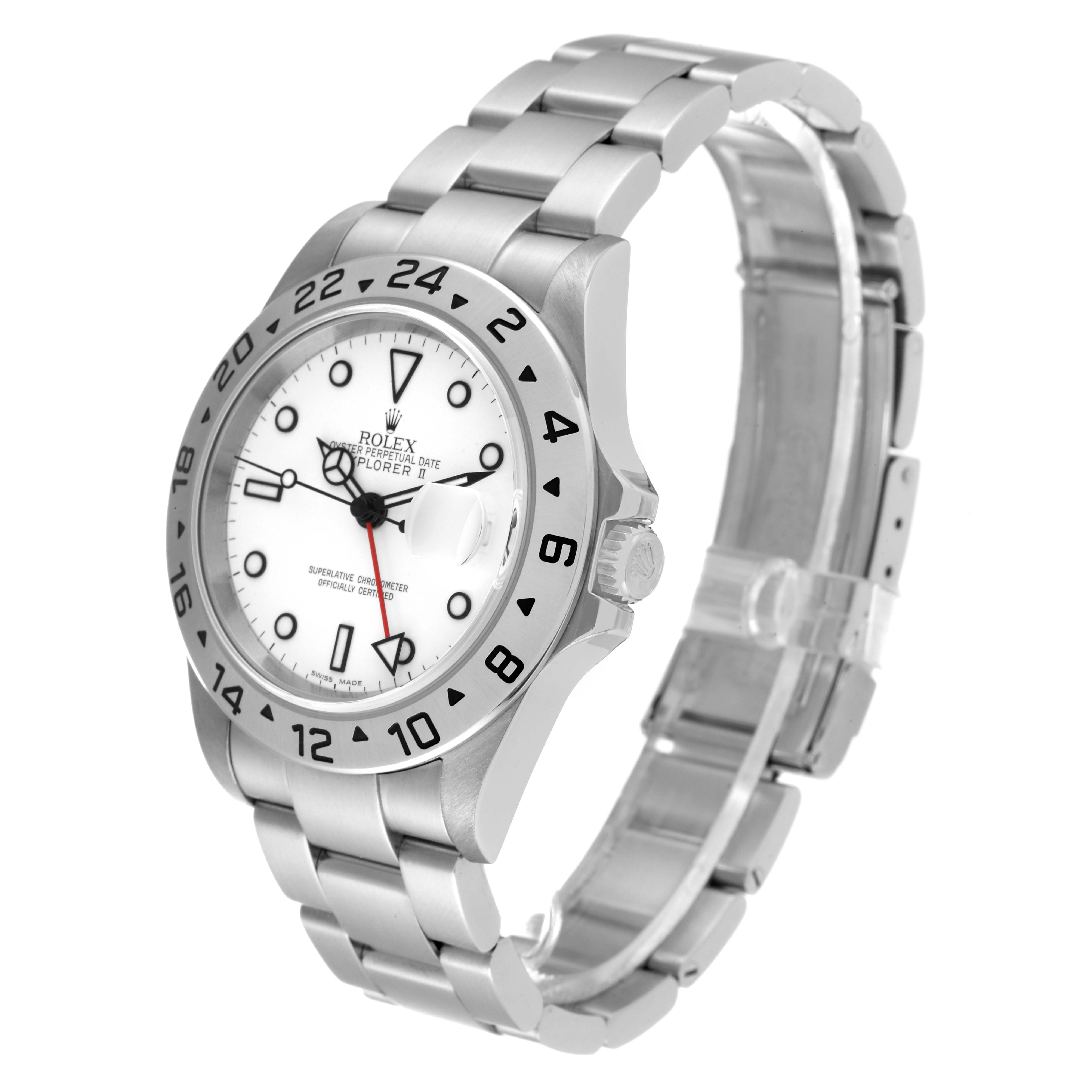 The image shows a Rolex Explorer 16570 Men
s Stainless Steel White Dial 16570 Men
s Stainless Steel White Dial model watch at a slight angle, displaying the face, bezel, crown, and bracelet.