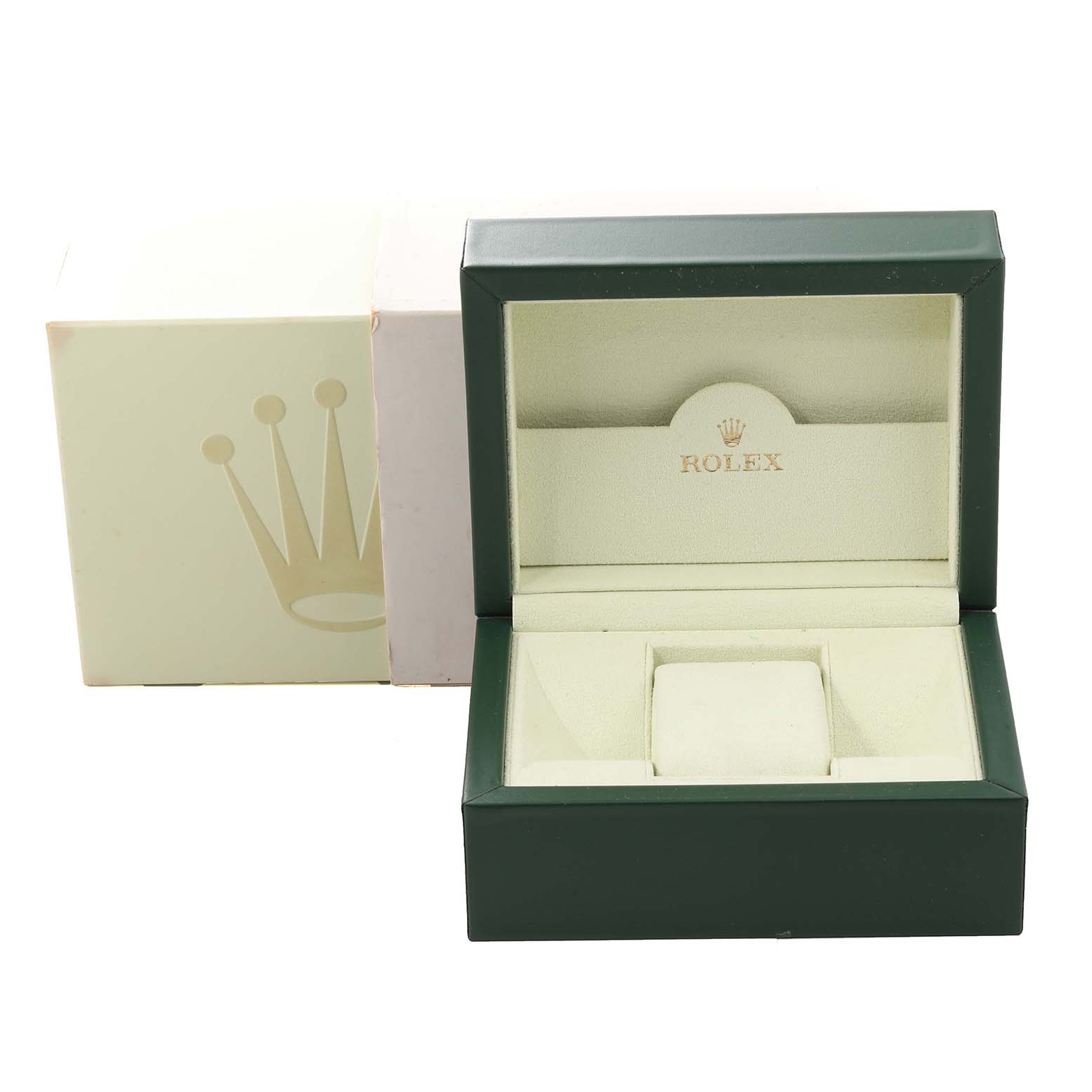 The image shows a green Rolex Explorer 16570 Men
s Stainless Steel White Dial 16570 Men
s Stainless Steel White Dial watch box with its cream interior and an outer white box with the Rolex crown logo.