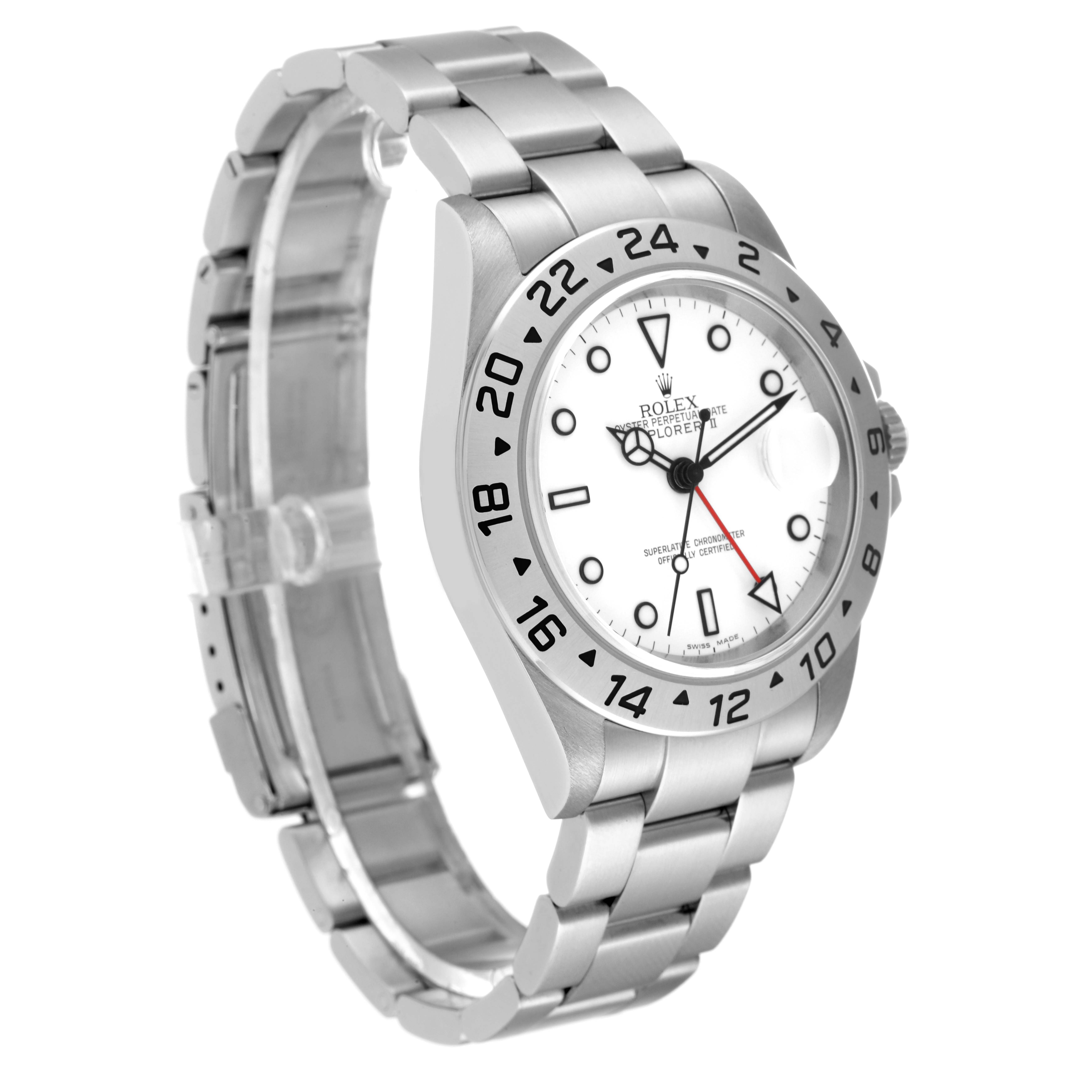 The image shows a side angle of a Rolex Explorer 16570 Men
s Stainless Steel White Dial 16570 Men
s Stainless Steel White Dial watch, highlighting its stainless steel bracelet, bezel, and dial.