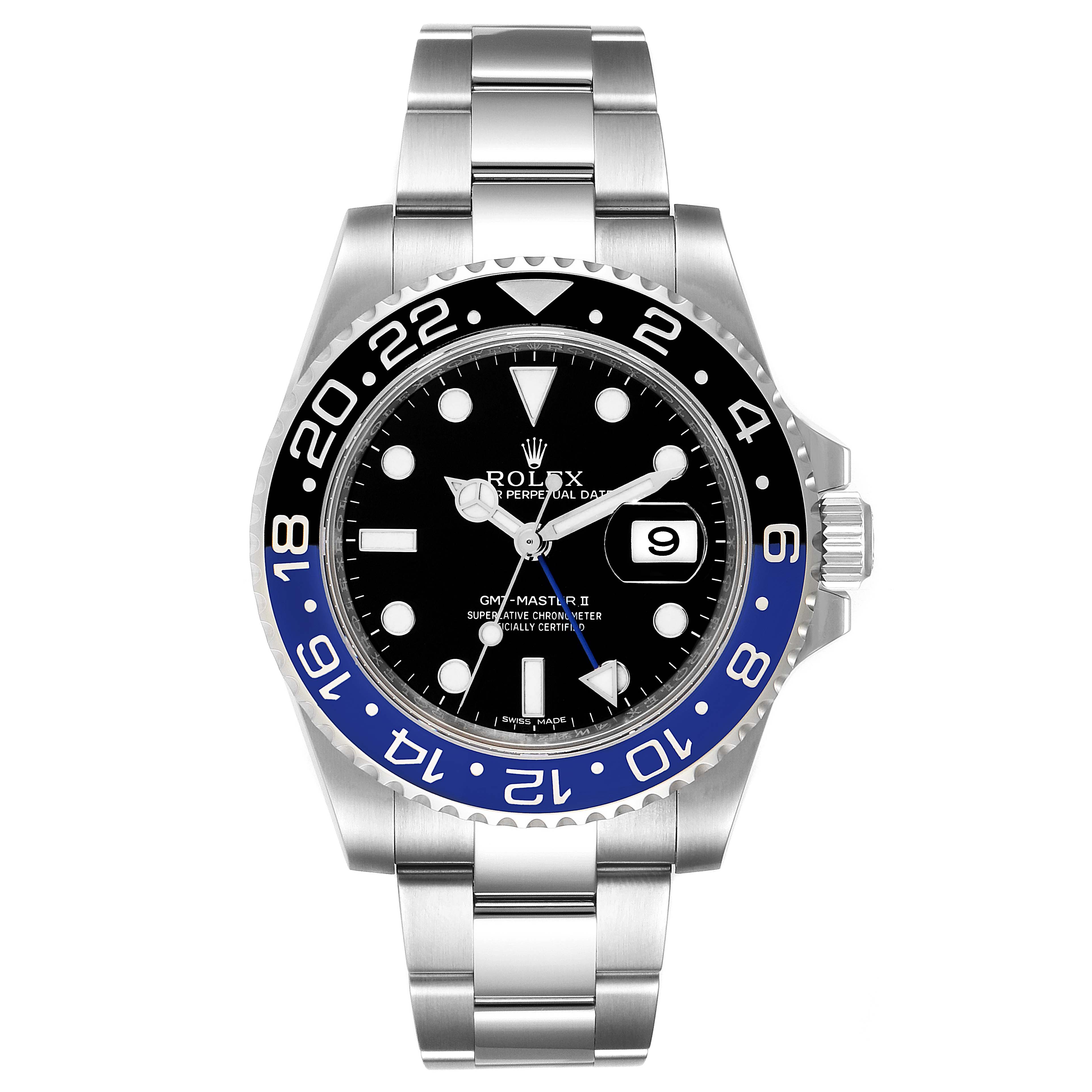This Rolex GMT-Master 116710 Men's Stainless Steel Black Dial 116710 Men's Stainless Steel Black Dial II watch is shown from the front, displaying its face, bezel, bracelet, and date window.
