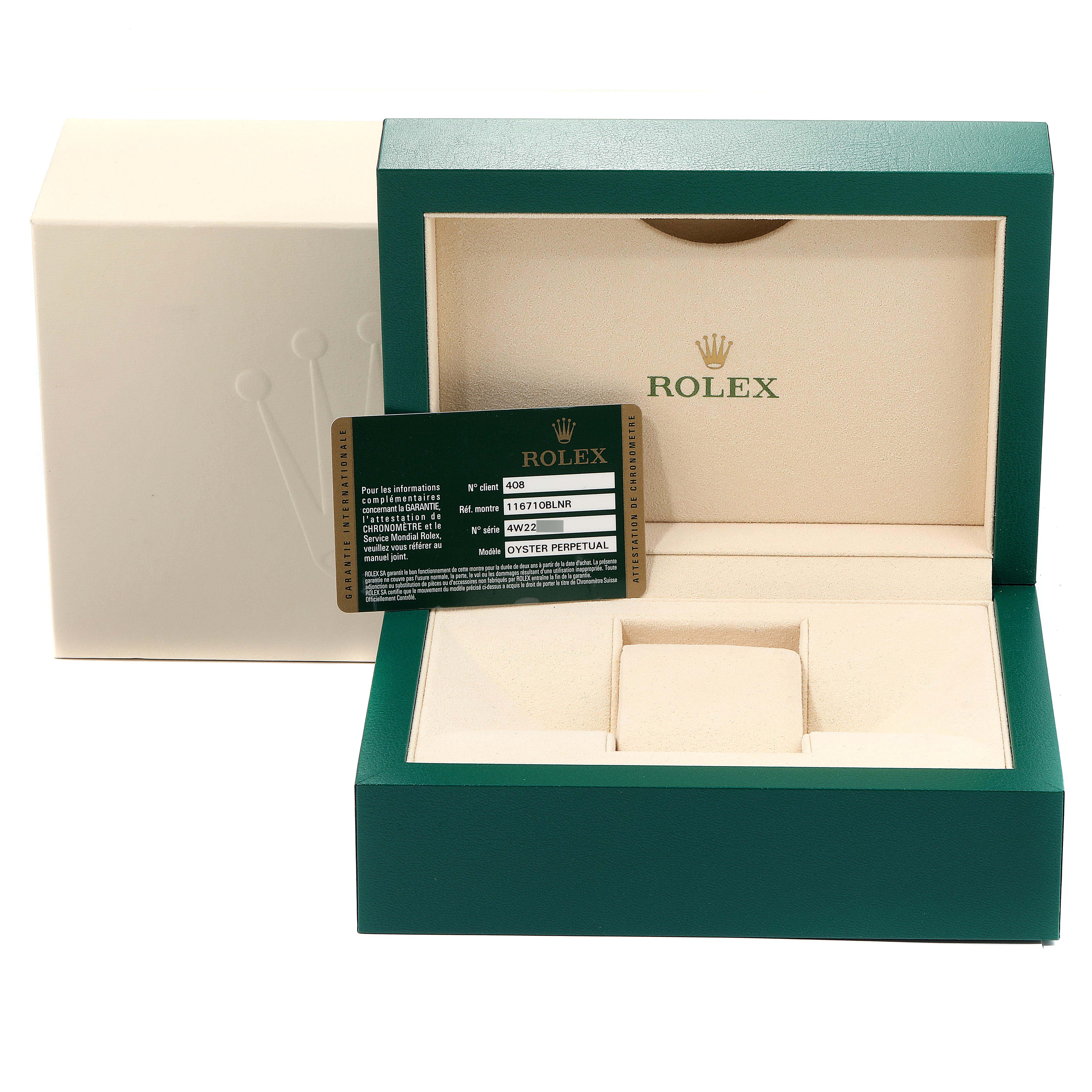 The image shows a Rolex GMT-Master 116710 Men's Stainless Steel Black Dial 116710 Men's Stainless Steel Black Dial watch box along with an authentication card, viewed from a front angle.