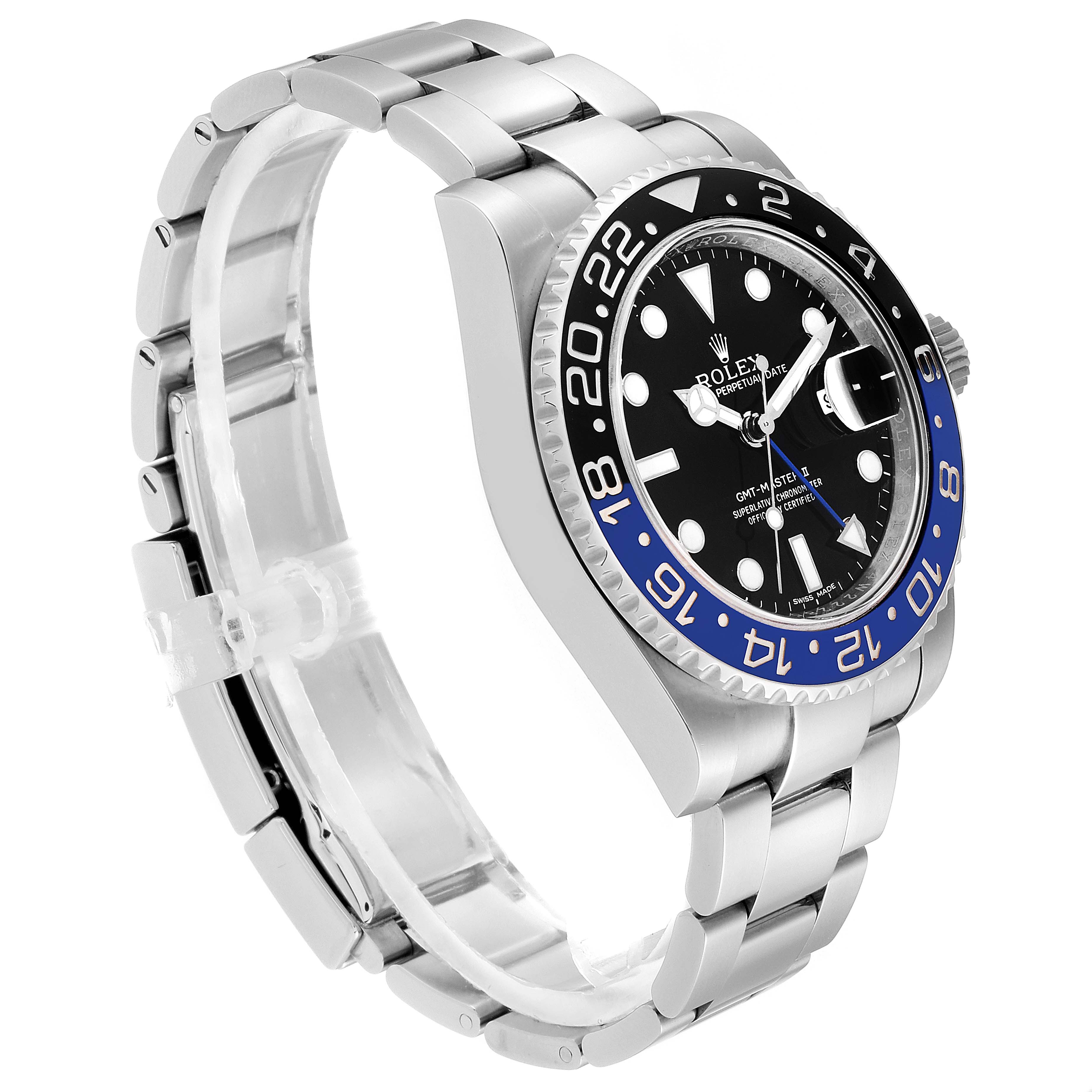 The image shows a side angle of the Rolex GMT-Master 116710 Men's Stainless Steel Black Dial 116710 Men's Stainless Steel Black Dial watch, highlighting the black and blue bezel, dial, and stainless steel bracelet.