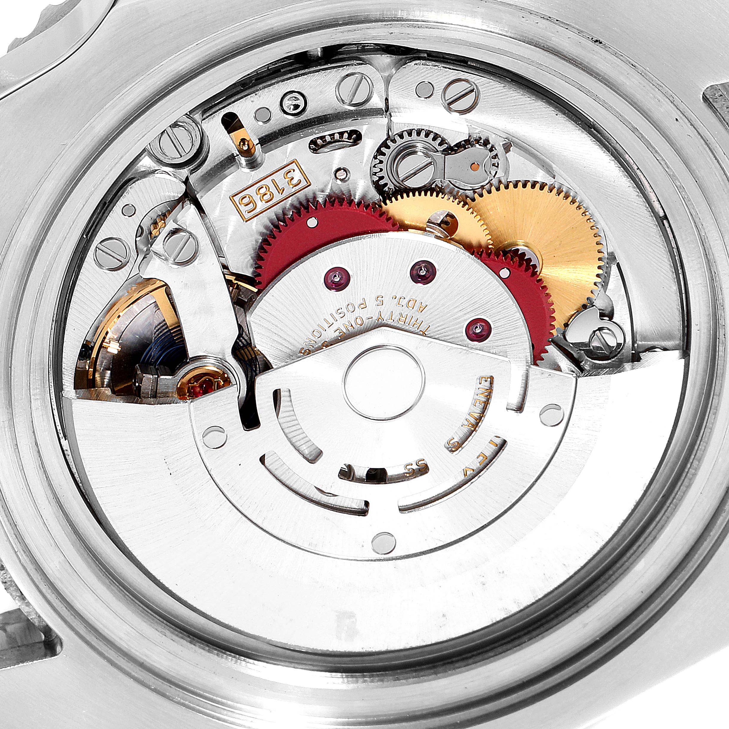 This image shows the inner mechanism of the Rolex GMT-Master 116710 Men's Stainless Steel Black Dial 116710 Men's Stainless Steel Black Dial watch from a back view, highlighting the gears and movement components.