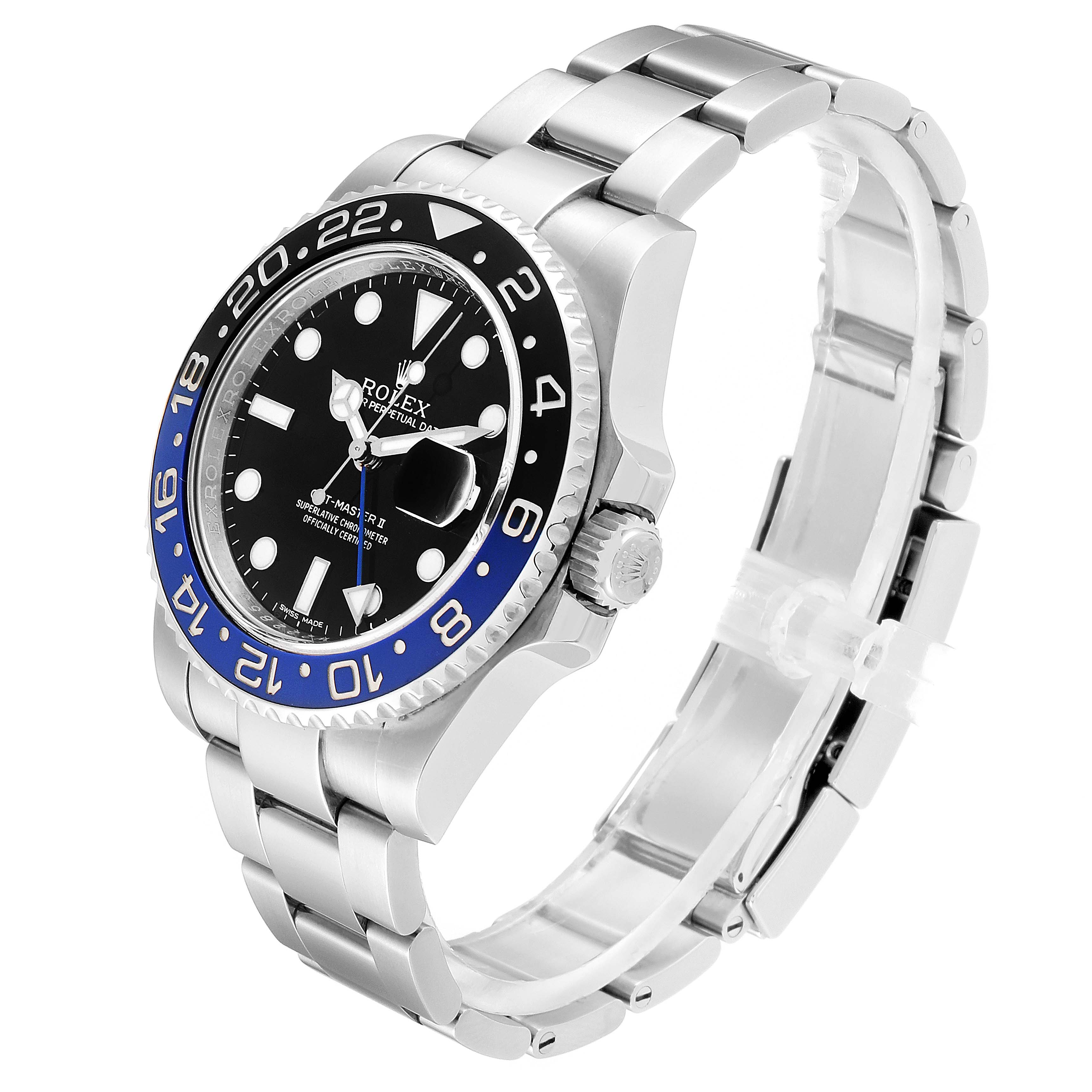 This image shows a Rolex GMT-Master 116710 Men's Stainless Steel Black Dial 116710 Men's Stainless Steel Black Dial watch at a three-quarter angle, highlighting its bezel, dial, and bracelet.