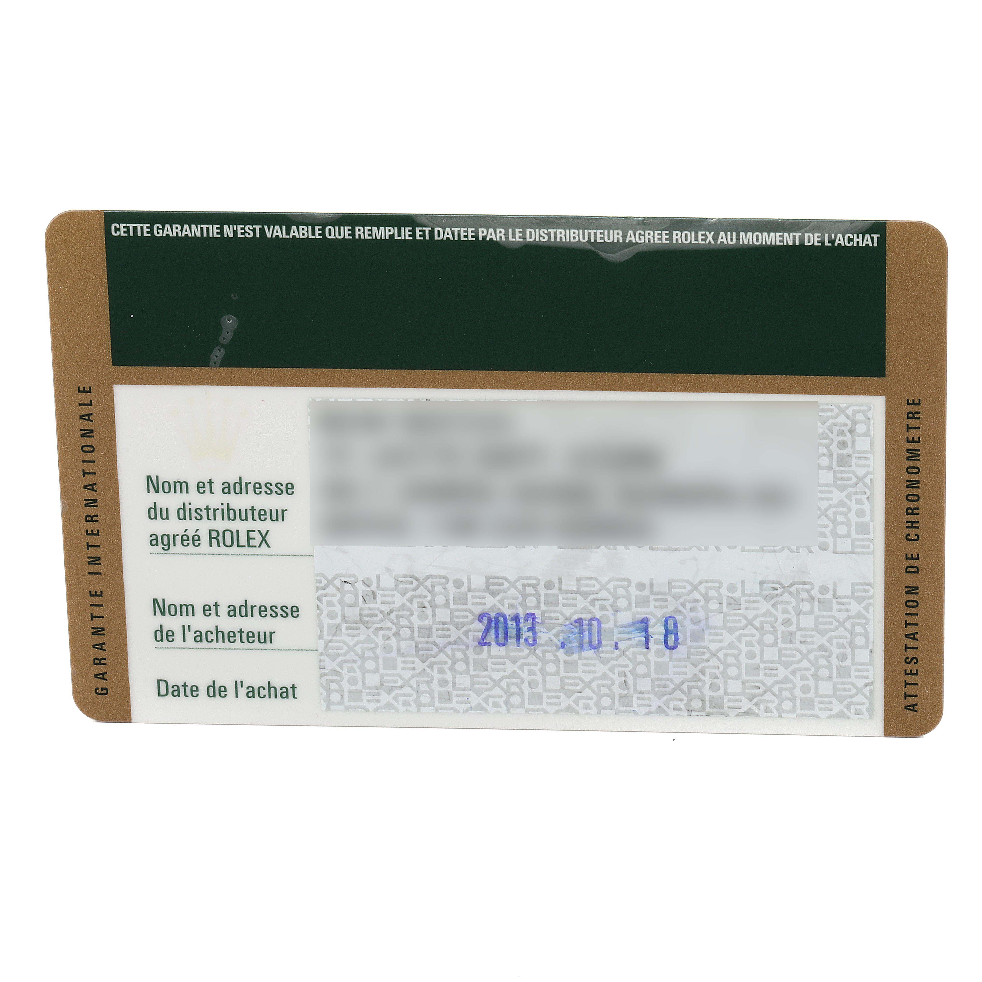 This is the warranty card for the Rolex GMT-Master 116710 Men's Stainless Steel Black Dial 116710 Men's Stainless Steel Black Dial model, showing details of the distributor, purchaser, and date of purchase.