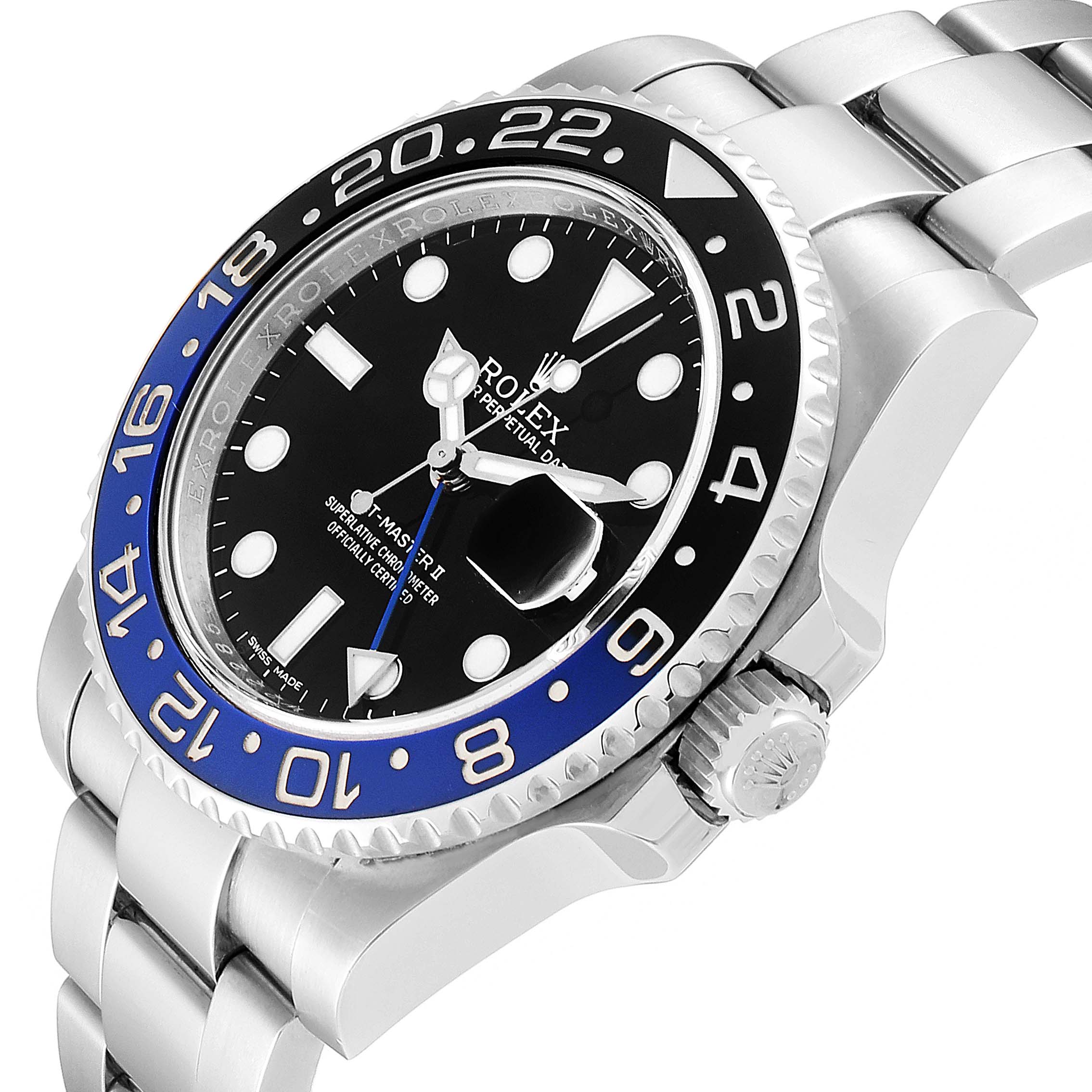 The Rolex GMT-Master 116710 Men's Stainless Steel Black Dial 116710 Men's Stainless Steel Black Dial watch is shown from an angled side view, highlighting the dial, bezel, crown, and part of the bracelet.