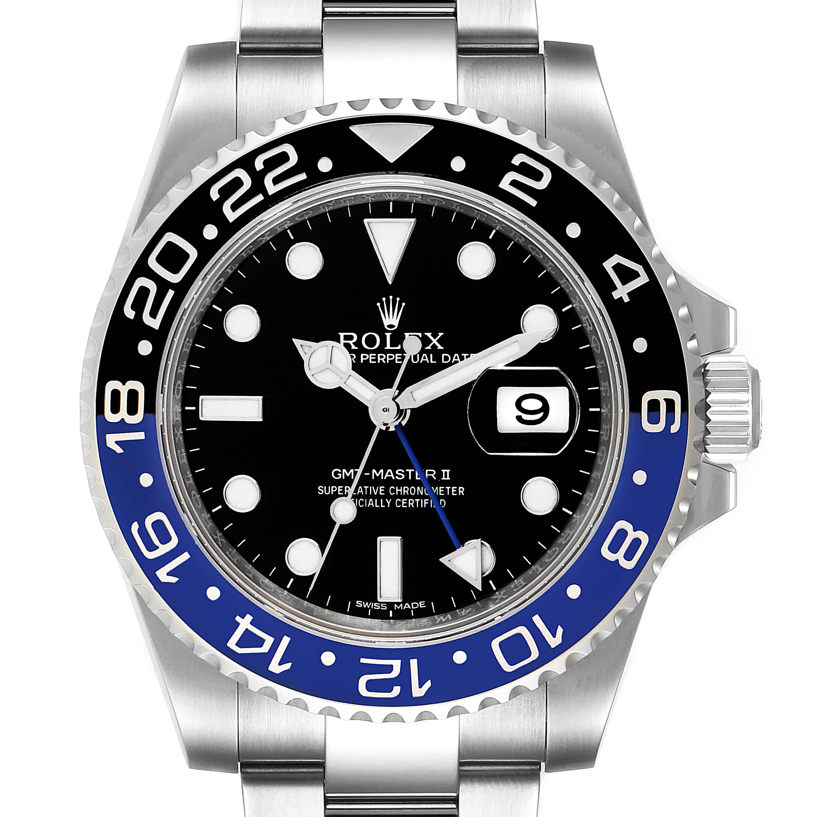 The image shows a front view of the Rolex GMT-Master 116710 Men's Stainless Steel Black Dial 116710 Men's Stainless Steel Black Dial II watch, displaying the dial, bezel, and part of the bracelet.