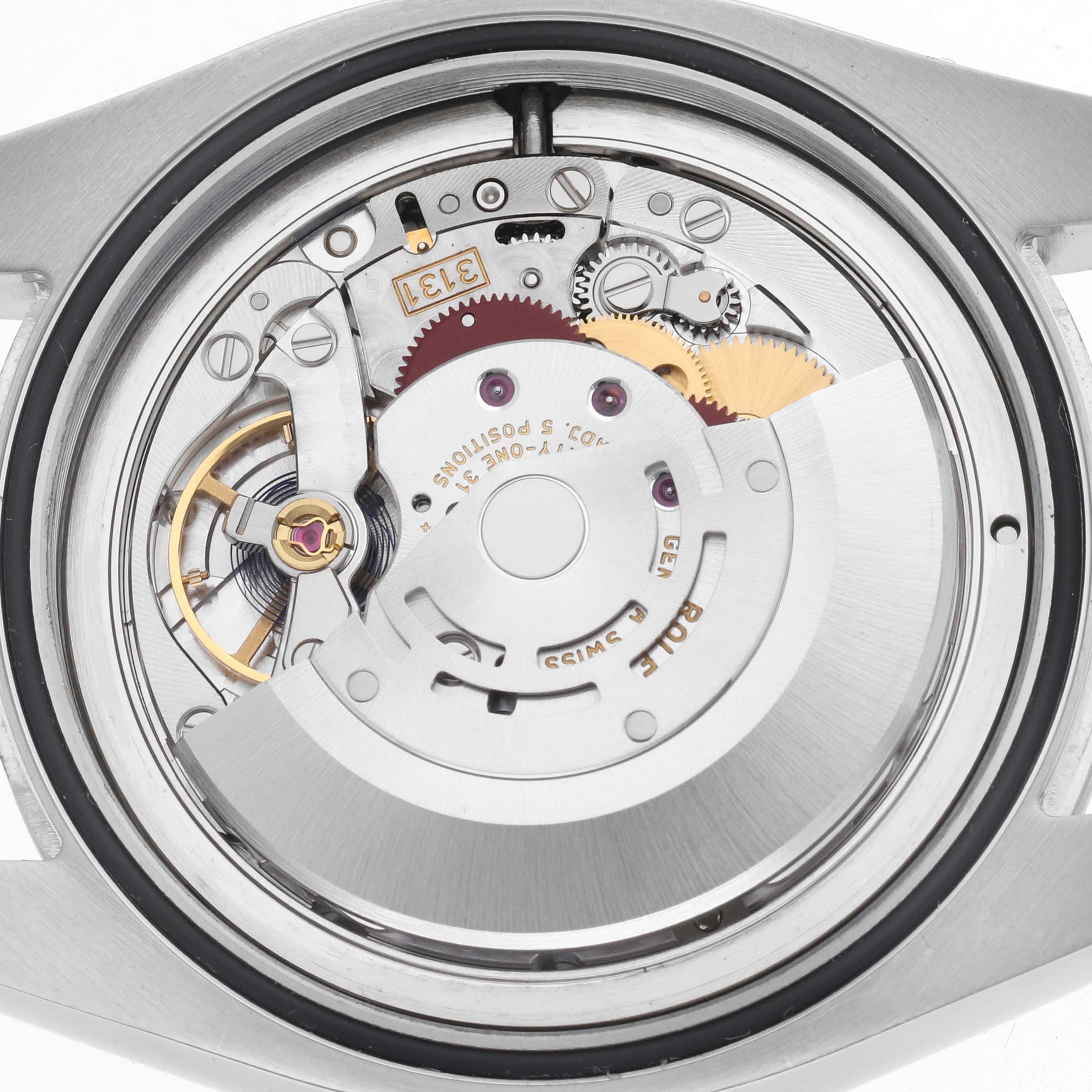 The image shows the movement of a Rolex Milgauss 116400GV Men
s Stainless Steel Black Dial watch from the back, highlighting its gears and rotor.