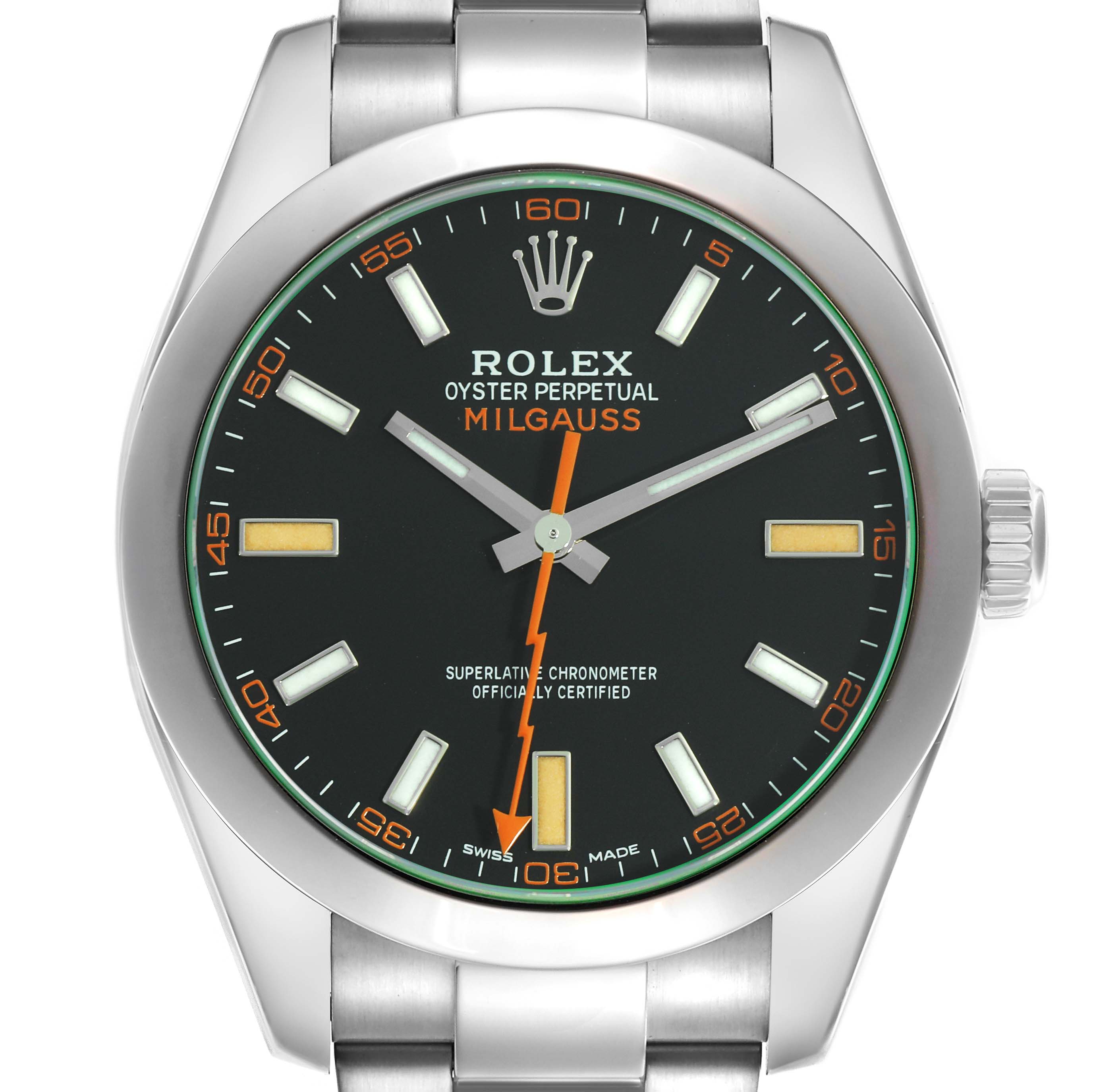 The image shows a frontal view of the Rolex Milgauss 116400GV Men
s Stainless Steel Black Dial watch, highlighting the dial, bezel, hands, and bracelet.