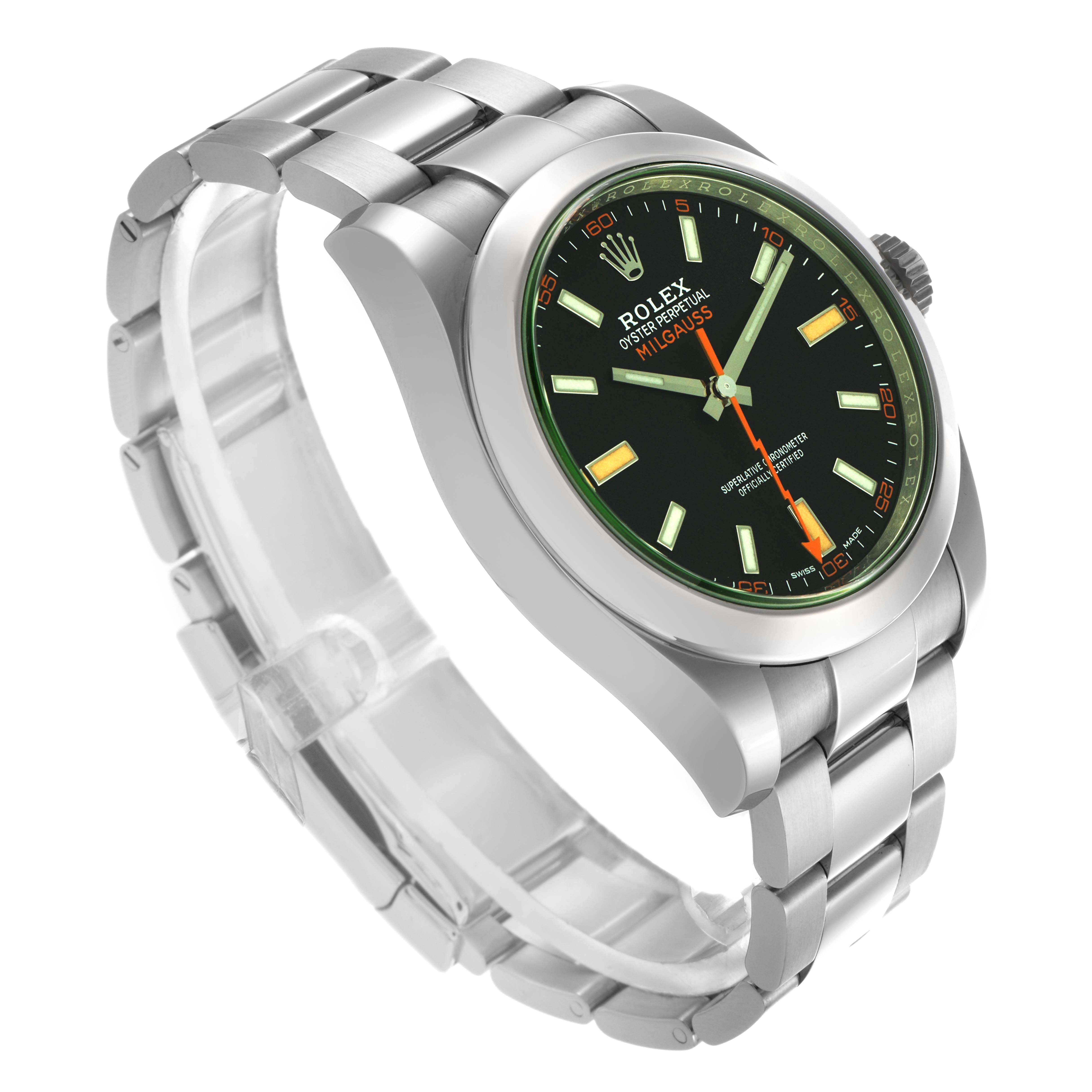 The image shows a Rolex Milgauss 116400GV Men
s Stainless Steel Black Dial watch at a three-quarter angle, highlighting its face, bezel, crown, and bracelet.