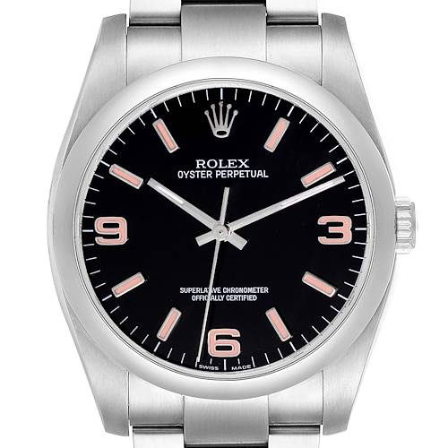 This Rolex Oyster Perpetual watch is shown from a top, frontal angle, displaying the dial, case, crown, and part of the bracelet.