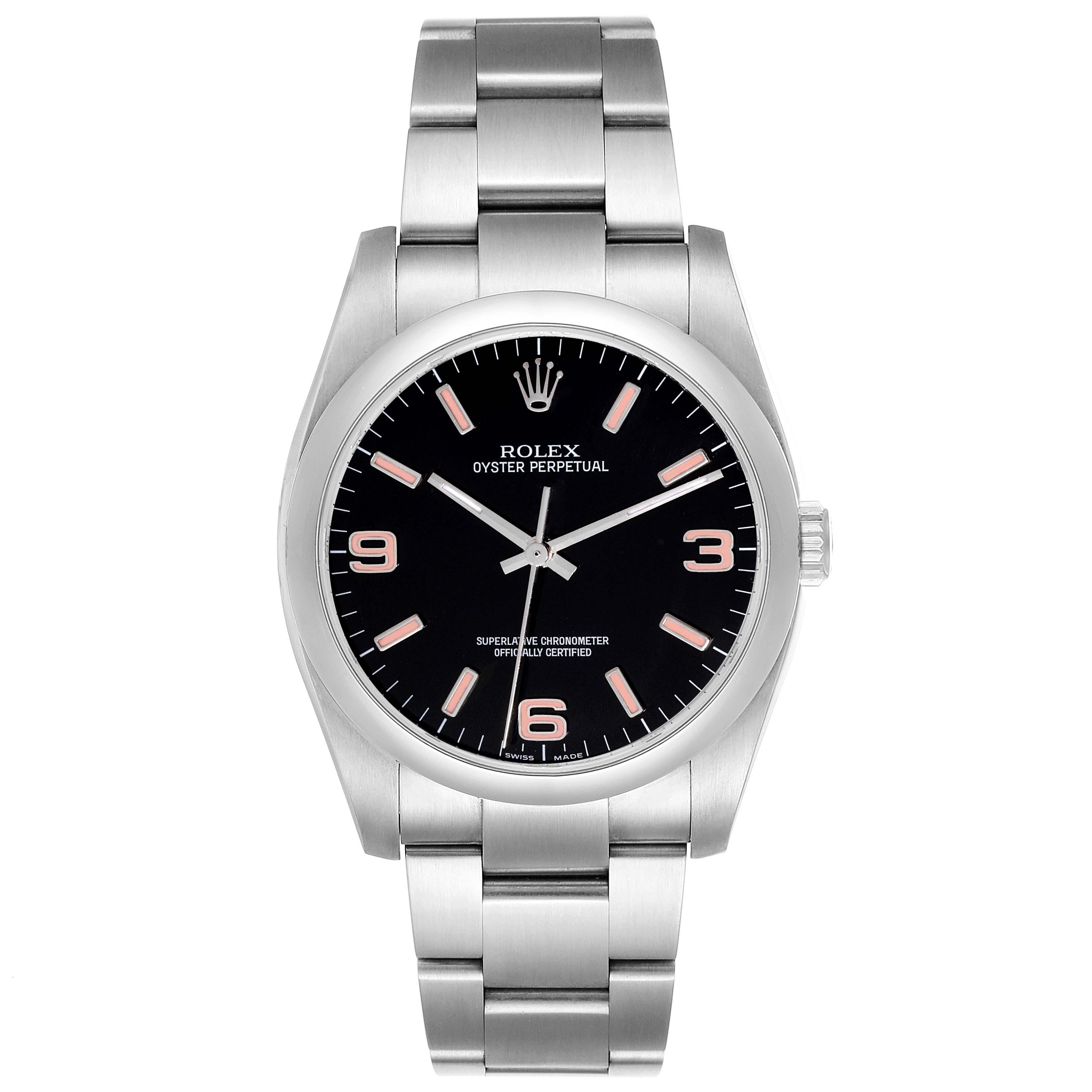 The image shows a front view of a Rolex Oyster Perpetual 116000 Men
s Stainless Steel Black Dial 116000 Men
s Stainless Steel Black Dial watch with a black dial and a stainless steel bracelet.