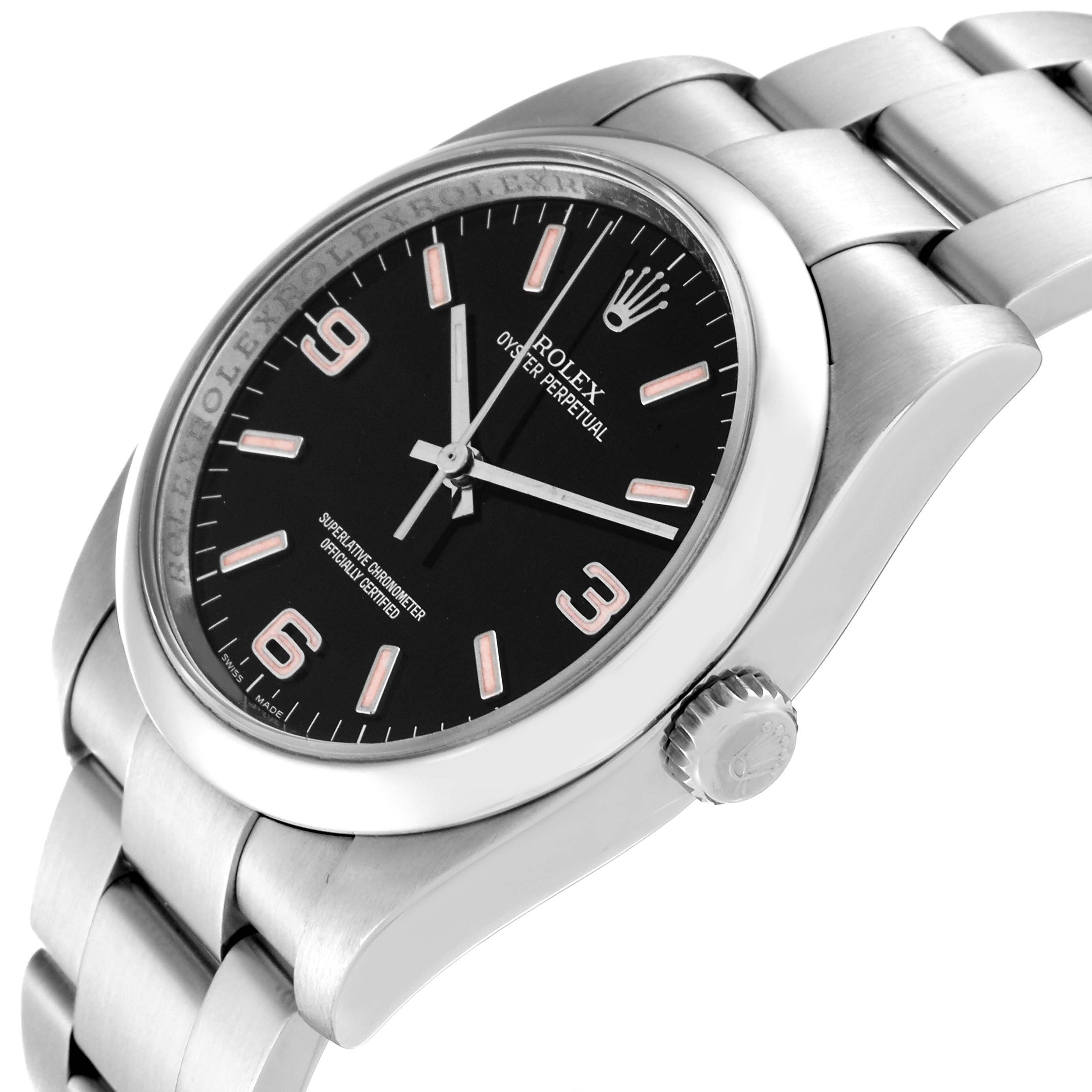 This image shows a Rolex Oyster Perpetual 116000 Men
s Stainless Steel Black Dial 116000 Men
s Stainless Steel Black Dial watch at a slight angle, highlighting its face, crown, and metal bracelet.