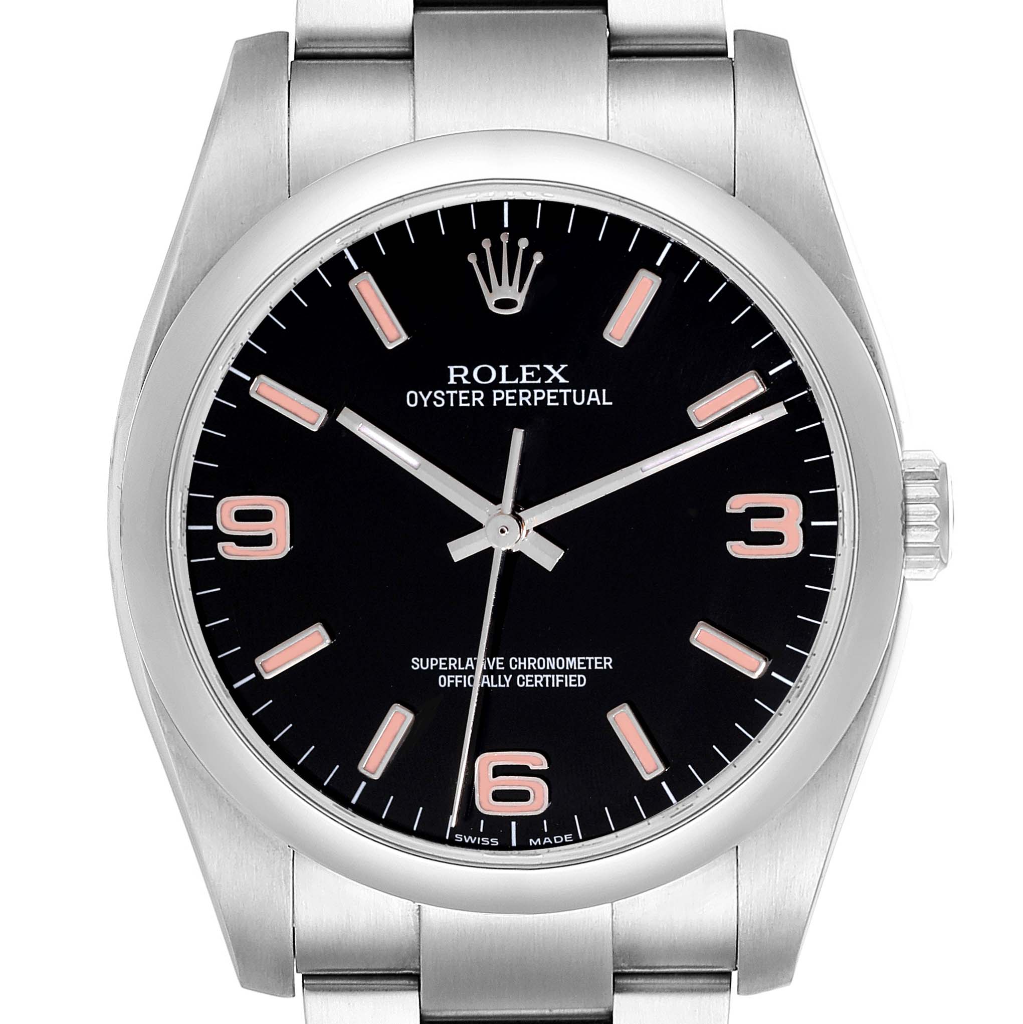 This image shows a front view of the Rolex Oyster Perpetual 116000 Men
s Stainless Steel Black Dial 116000 Men
s Stainless Steel Black Dial watch, focusing on the dial, crown, and part of the bracelet.