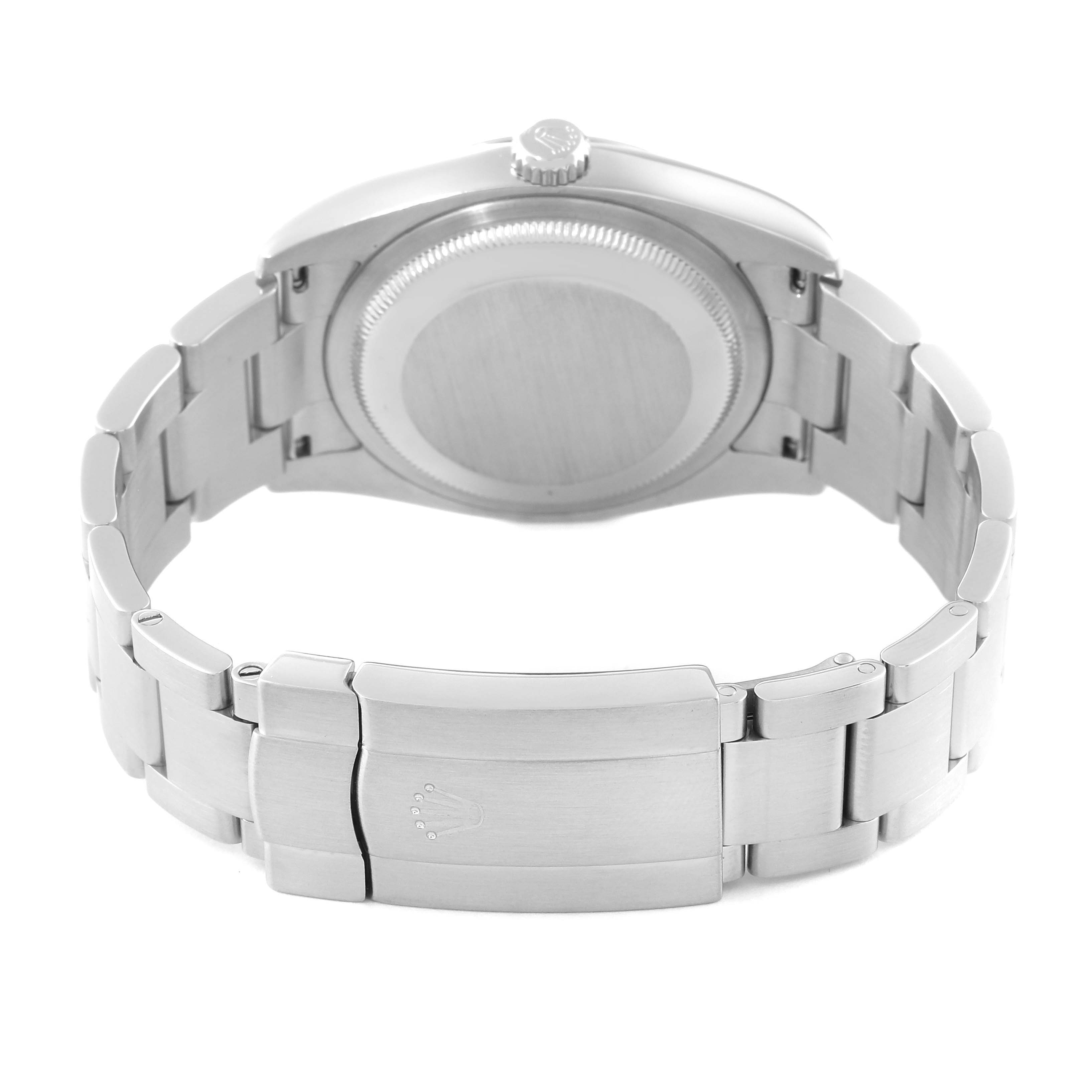 This image shows the back view of a Rolex Oyster Perpetual 116000 Men
s Stainless Steel Black Dial 116000 Men
s Stainless Steel Black Dial watch, featuring the caseback and the metal bracelet with a clasp.