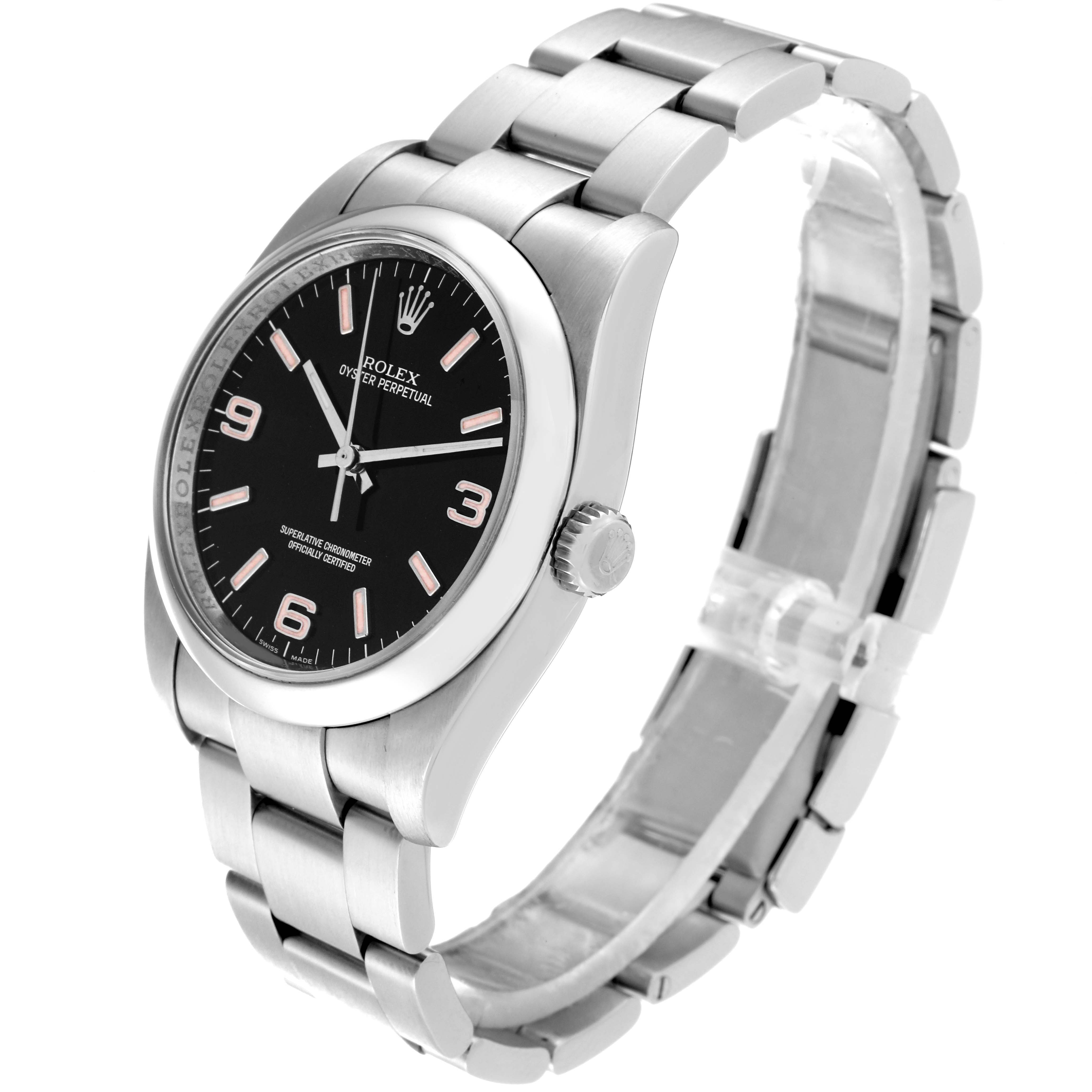 The Rolex Oyster Perpetual 116000 Men
s Stainless Steel Black Dial 116000 Men
s Stainless Steel Black Dial watch is shown at an angle displaying its face, bezel, crown, and a portion of the bracelet.