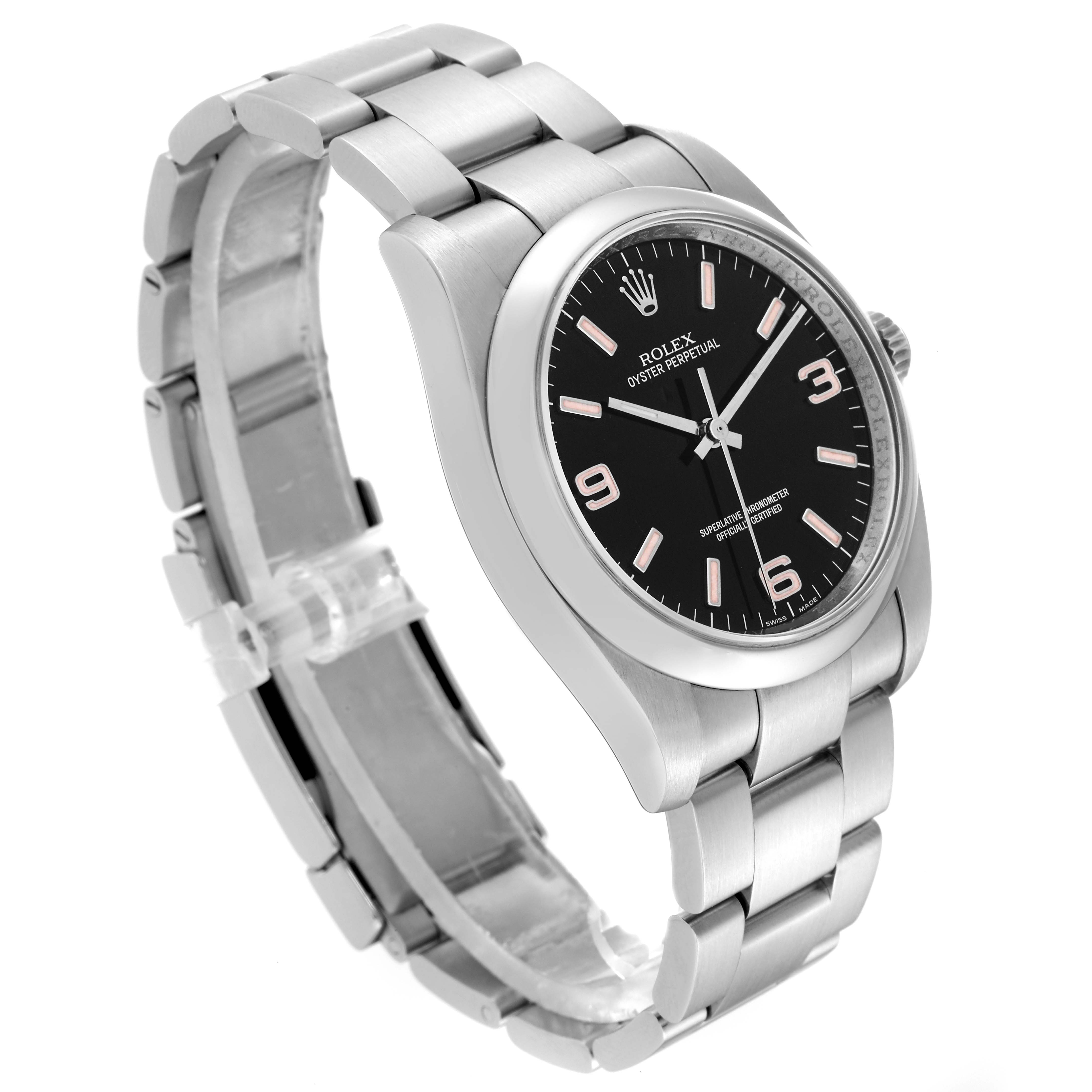 This image shows a Rolex Oyster Perpetual 116000 Men
s Stainless Steel Black Dial 116000 Men
s Stainless Steel Black Dial watch at a three-quarter angle focusing on the case, dial, and bracelet.