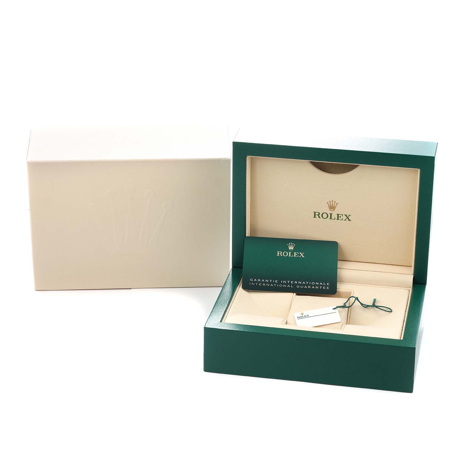 The image displays the box and packaging for a Rolex Oyster Perpetual 124300 Men
s Stainless Steel Blue Dial watch, showing the outer box, inner case, and guarantee card.