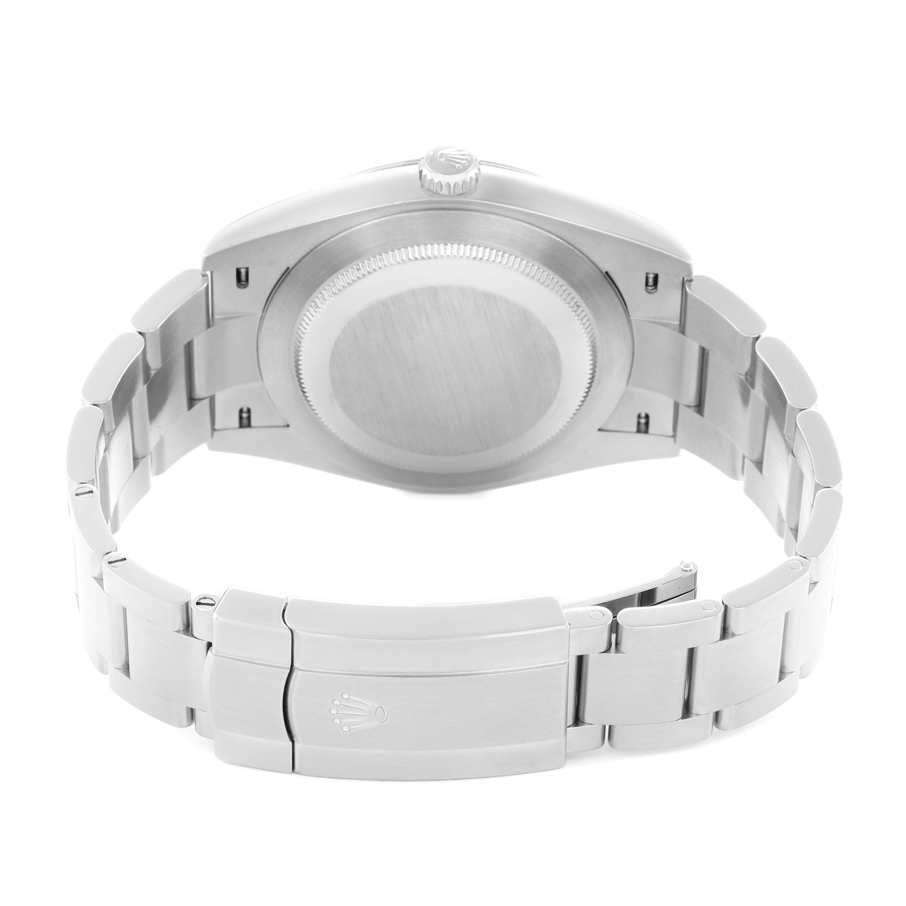 The image shows the back view of a Rolex Oyster Perpetual 124300 Men
s Stainless Steel Blue Dial, featuring the case back, crown, and bracelet clasp.