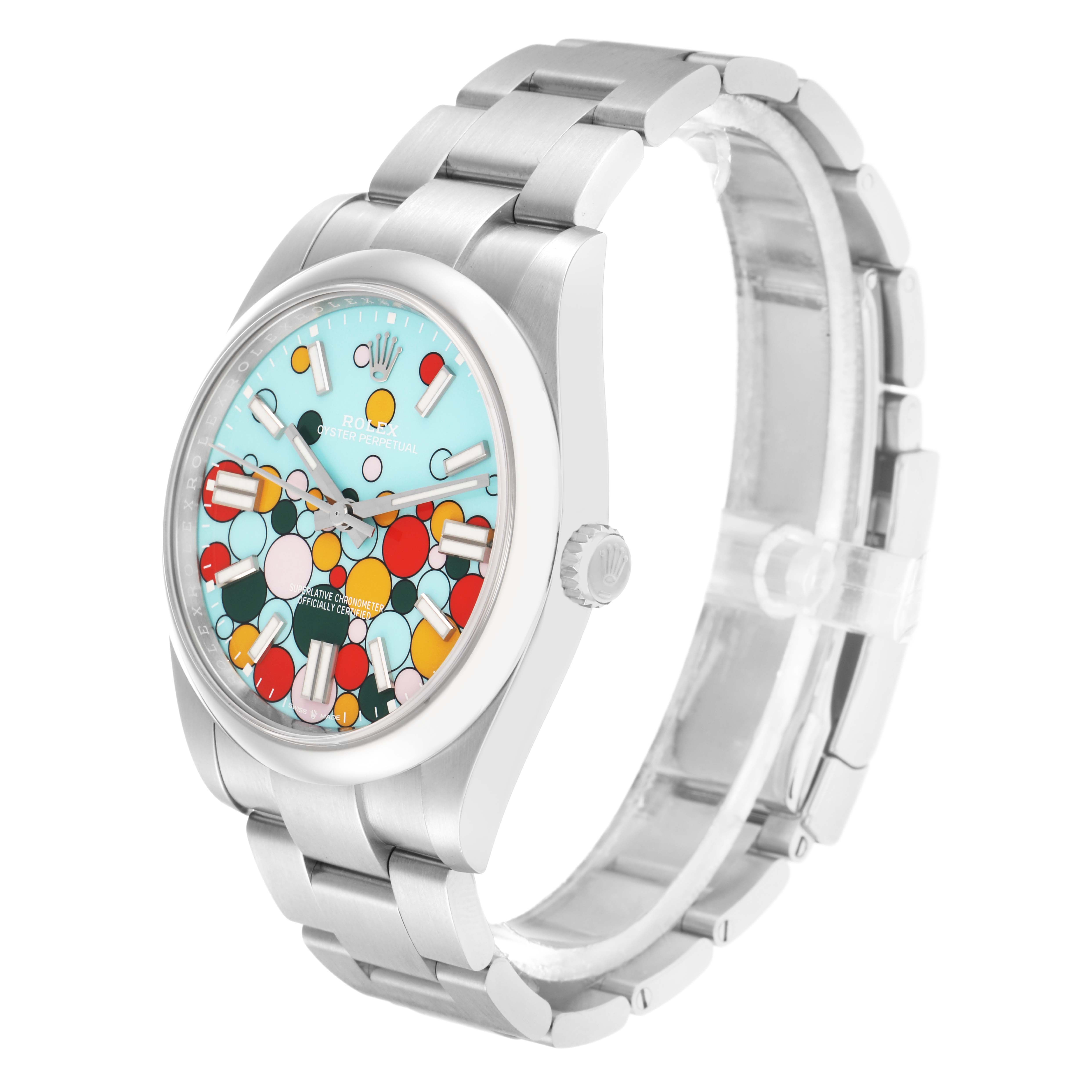 The Rolex Oyster Perpetual 124300 Men
s Stainless Steel Blue Dial watch is shown at a slight angle, highlighting the colorful dial, bezel, crown, and bracelet.