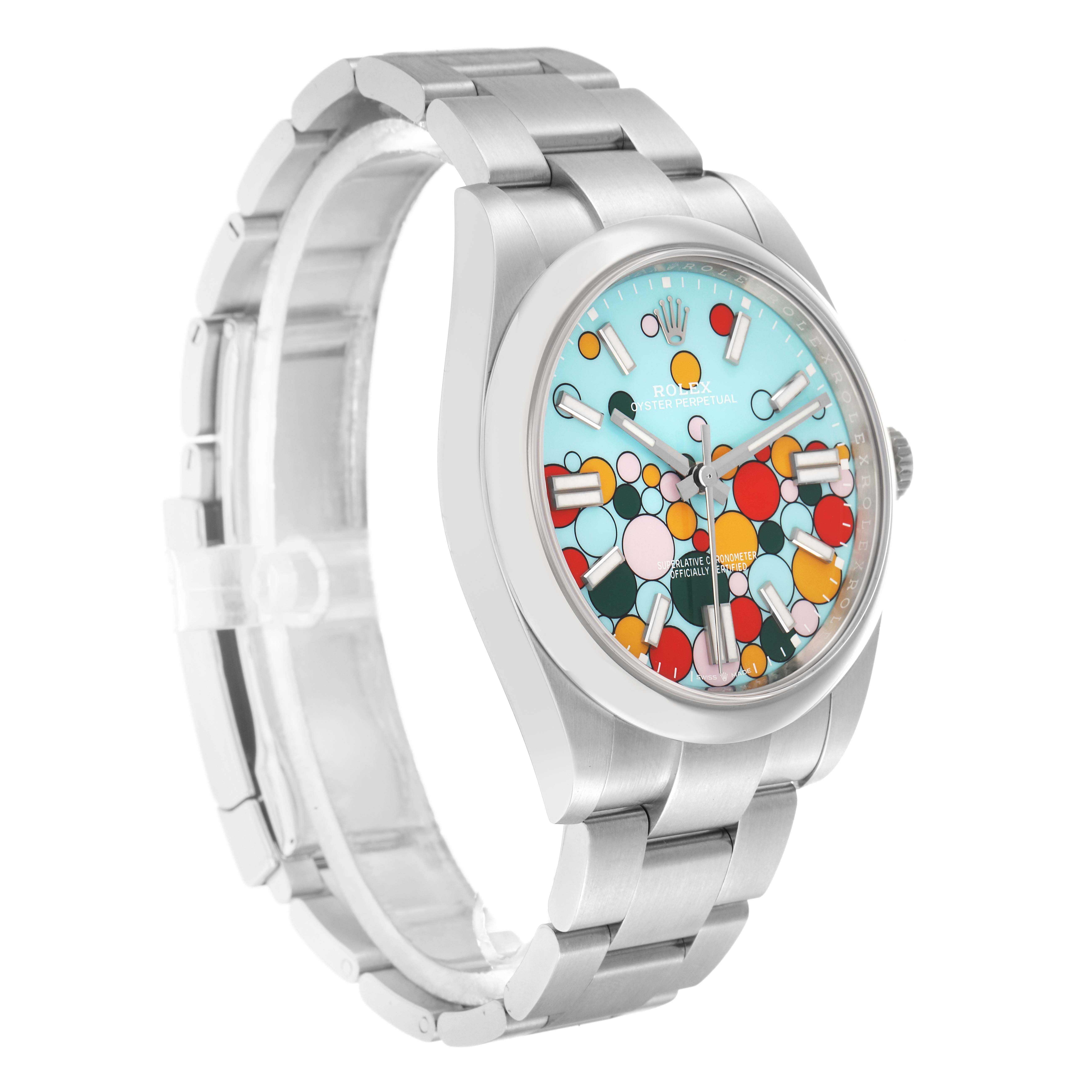 The Rolex Oyster Perpetual 124300 Men
s Stainless Steel Blue Dial watch is shown at a three-quarter angle, displaying its multicolored dial and metal bracelet.