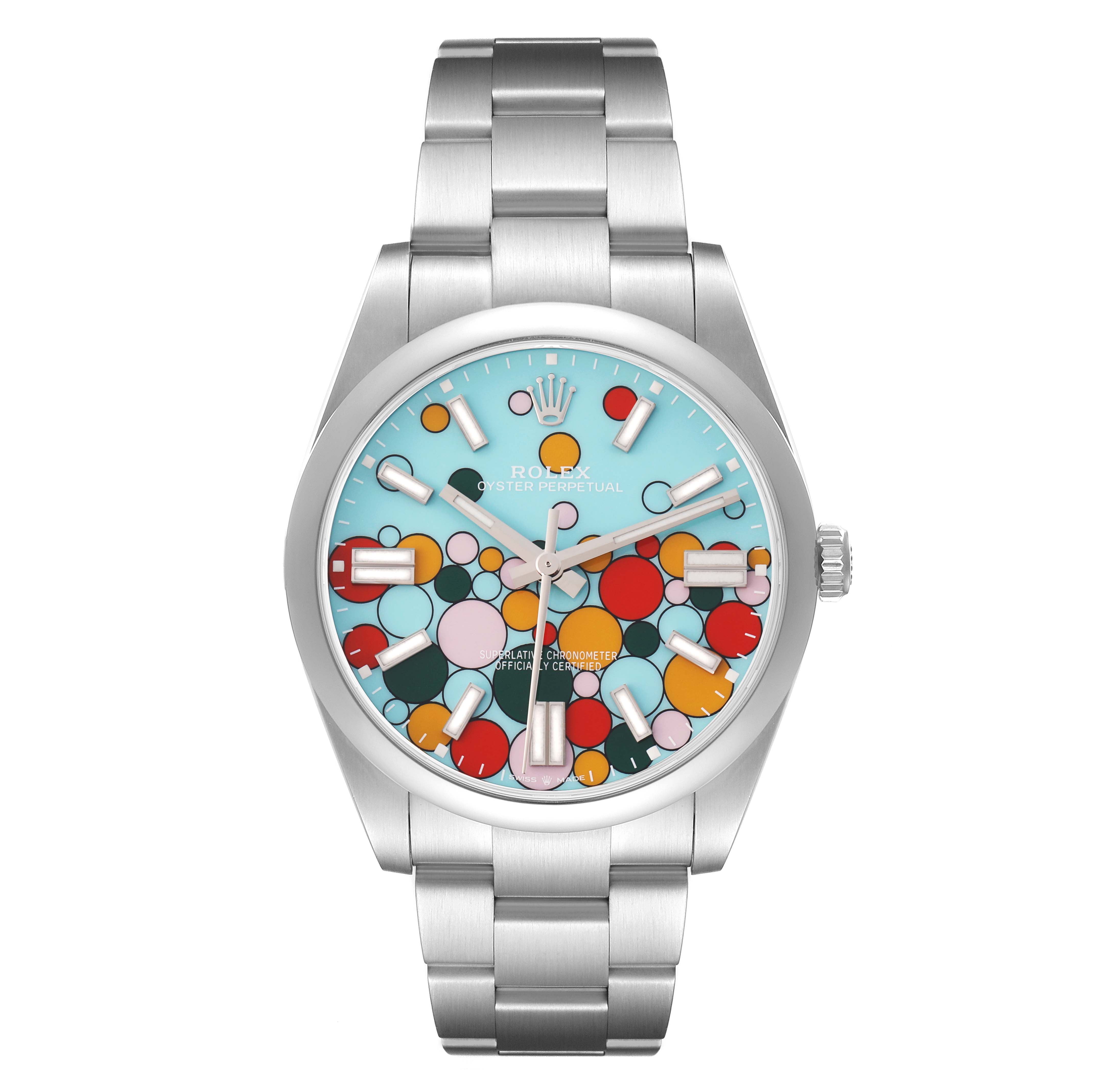 The Rolex Oyster Perpetual 124300 Men
s Stainless Steel Blue Dial watch is displayed front-on, showing the face, bezel, crown, and bracelet.