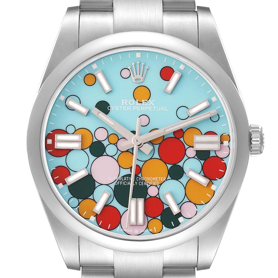 The Rolex Oyster Perpetual 124300 Men's Stainless Steel Blue Dial watch is shown from a front angle, highlighting its colorful dial and stainless steel bracelet.
