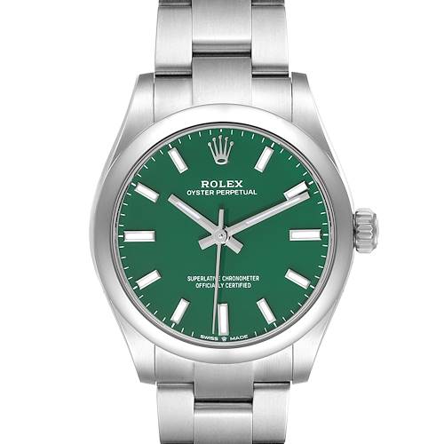 The image shows a front view of a Rolex Oyster Perpetual watch with a green dial and metal bracelet.